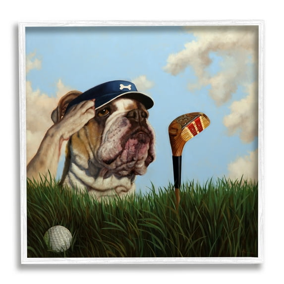 Stupell Industries Bulldog Golfing Illustration Animals & Insects Painting White Framed Art Print Wall Art, 24 x 24