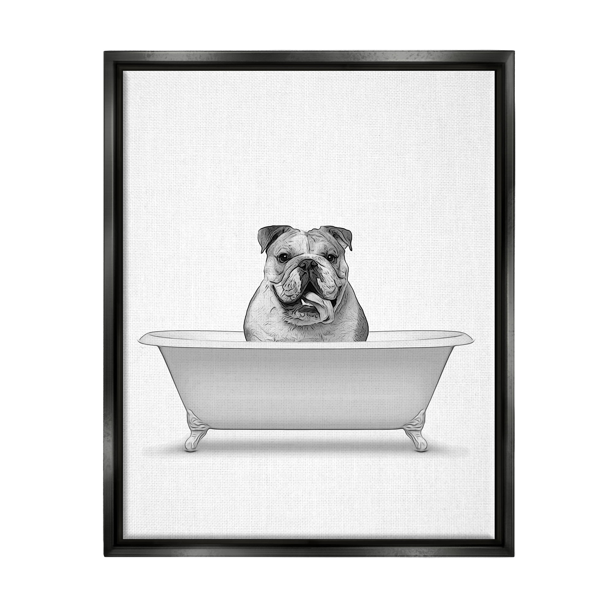 Stupell Industries Bulldog In Tub Bathroom Animal Animals & Insects Painting Black Floater Framed Art Print Wall Art