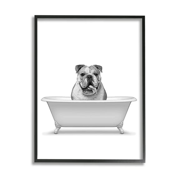 Stupell Industries Bulldog In Tub Bathroom Animal Animals & Insects Painting Black Framed Art Print Wall Art