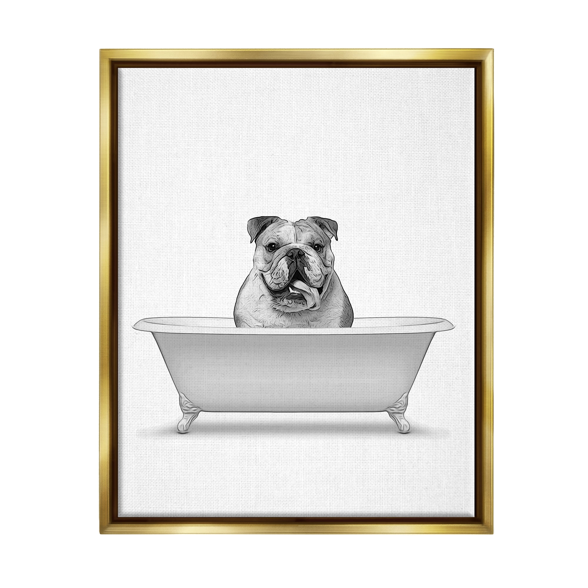 Stupell Industries Bulldog In Tub Bathroom Animal Animals & Insects Painting Gold Floater Framed Art Print Wall Art