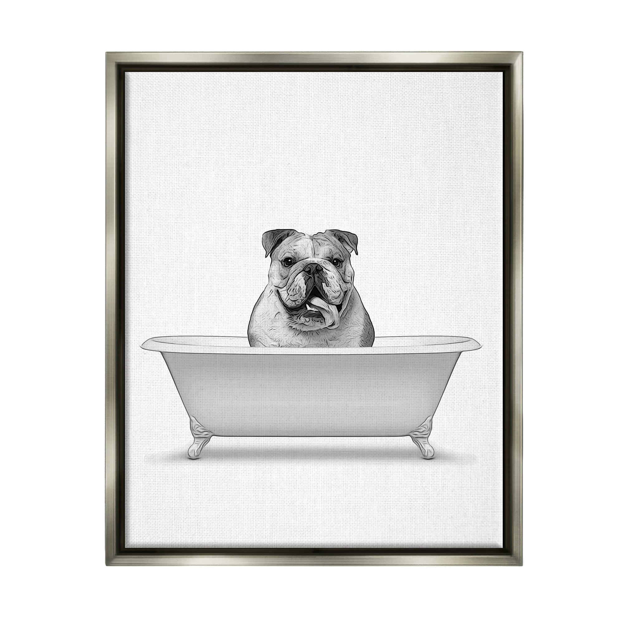 Stupell Industries Bulldog In Tub Bathroom Animal Animals & Insects Painting Gray Floater Framed Art Print Wall Art