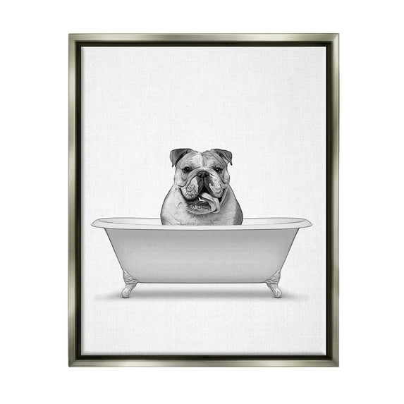 Stupell Industries Bulldog In Tub Bathroom Animal Animals & Insects Painting Gray Floater Framed Art Print Wall Art