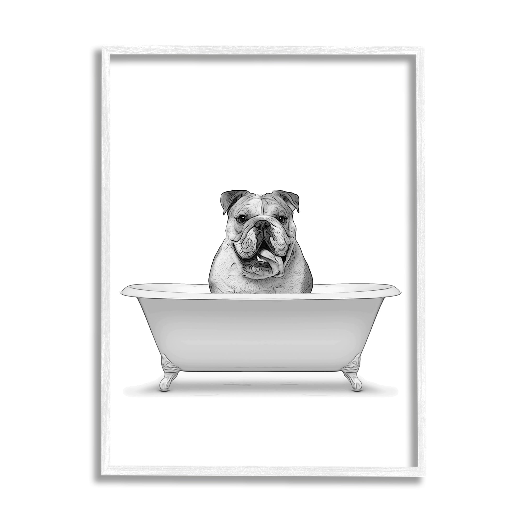Stupell Industries Bulldog In Tub Bathroom Animal Animals & Insects Painting White Framed Art Print Wall Art