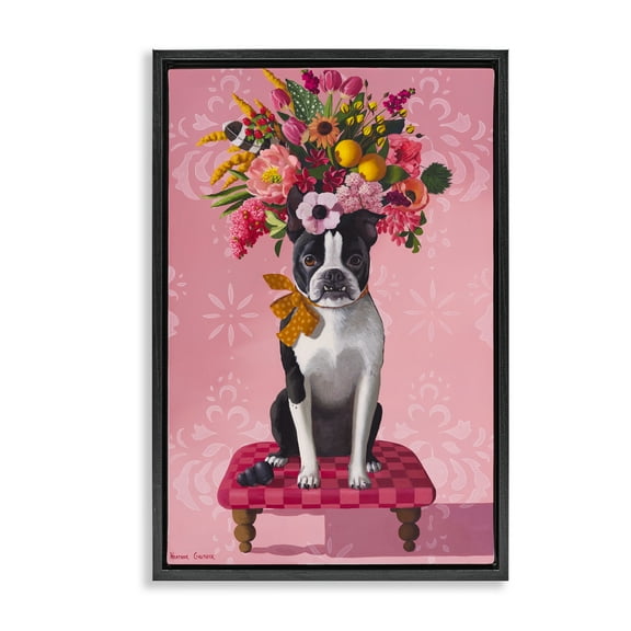 Stupell Industries Bulldog & Pink Bouquet Animals Painting Black Floater Framed Canvas Art Print Wall Art, 17 x 25