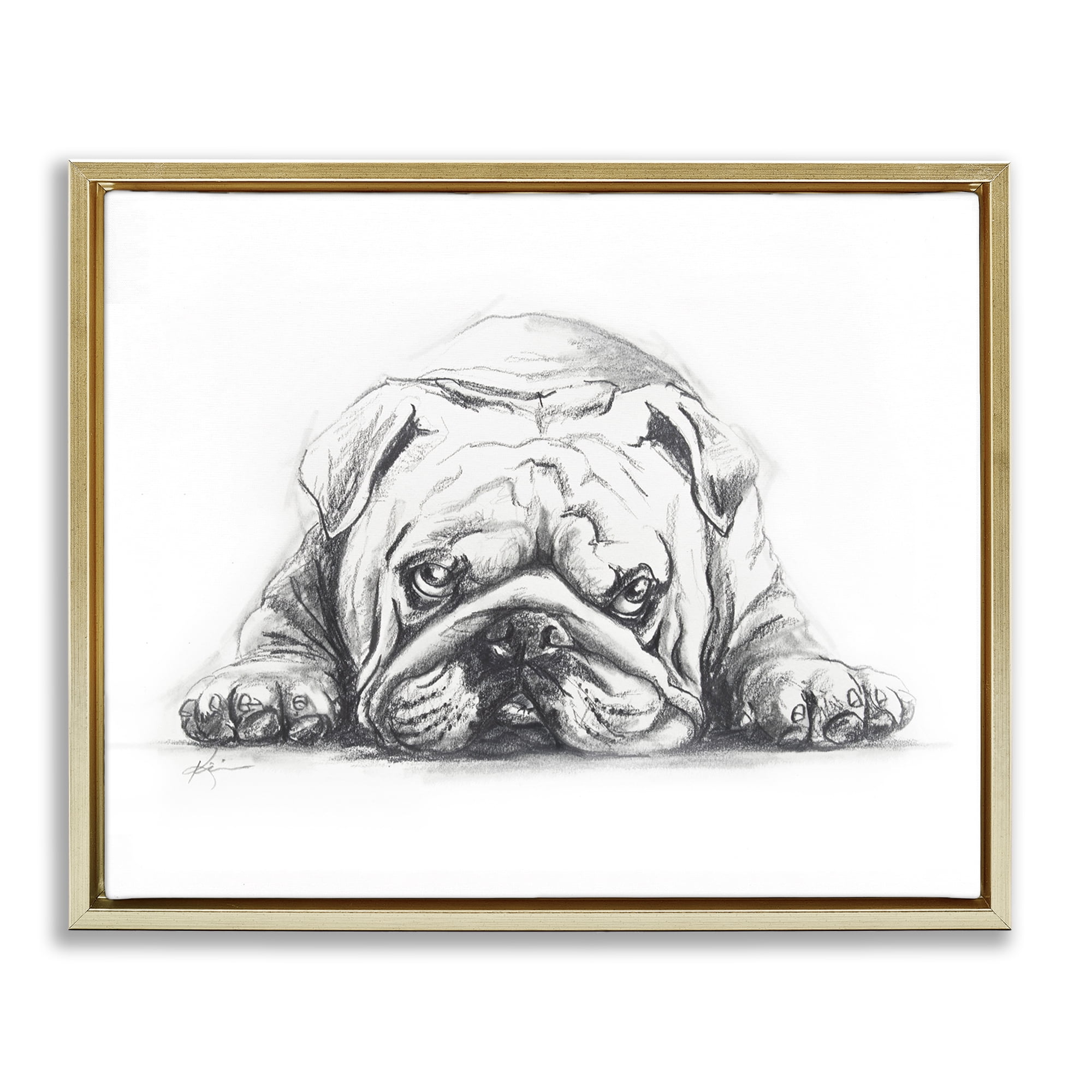 Stupell Industries Bulldog Puppy Naptime Animals Drawing Gold Floater Framed Canvas Art Print Wall Art, 31 x 25