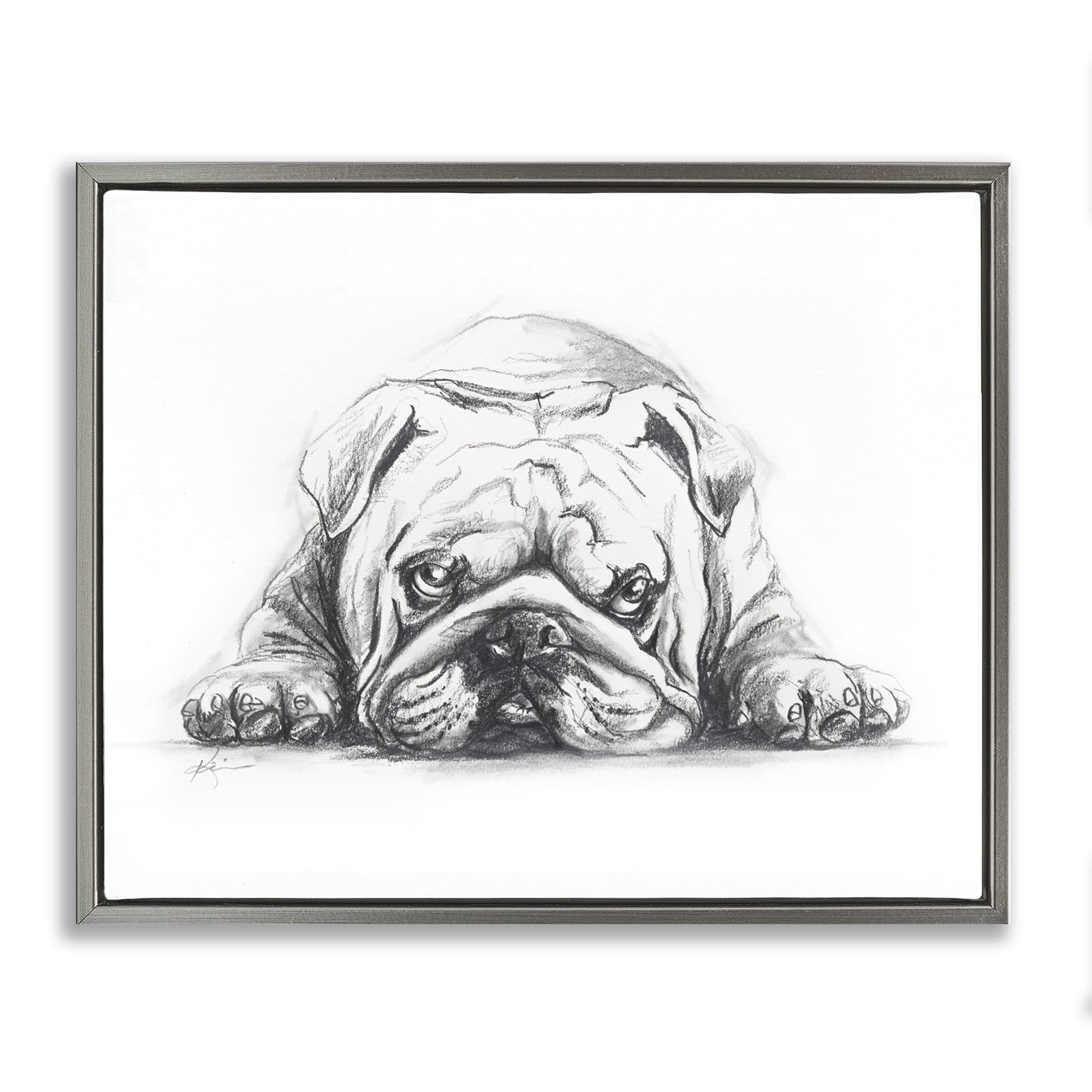 Stupell Industries Bulldog Puppy Naptime Animals Drawing Gray Floater Framed Canvas Art Print Wall Art, 31 x 25