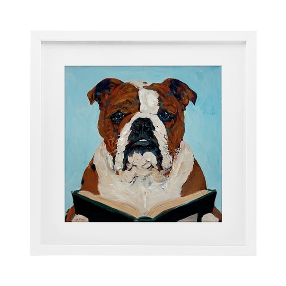 Bulldog Reading Book White Framed Print Under Glass, 13 x 13, Made In USA