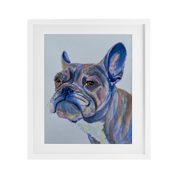 Bulldog Watercolor Portrait White Framed Print Under Glass, 13 x 16, Made In USA
