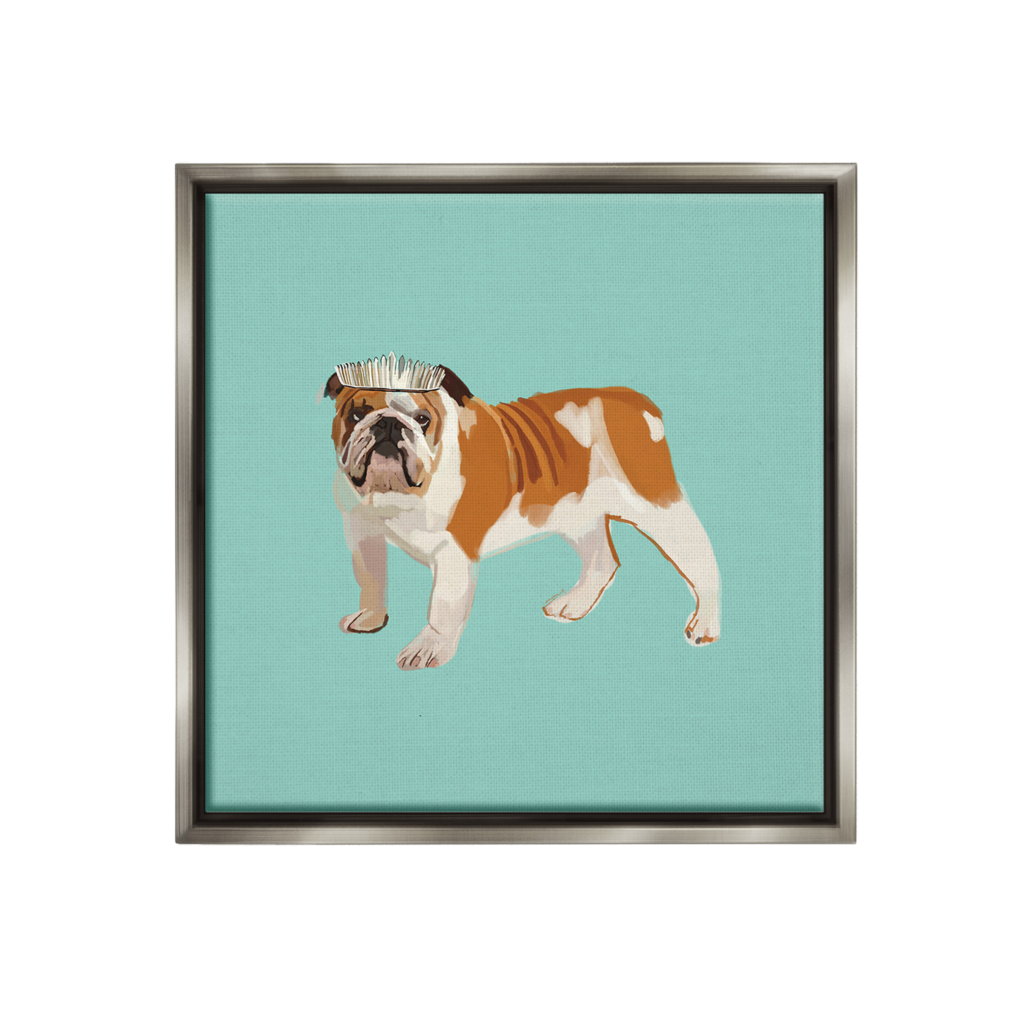 Stupell Industries Bulldog Wearing Tiara Animals & Insects Painting Gray Floater Framed Canvas Art Print Wall Art, 18 x 18
