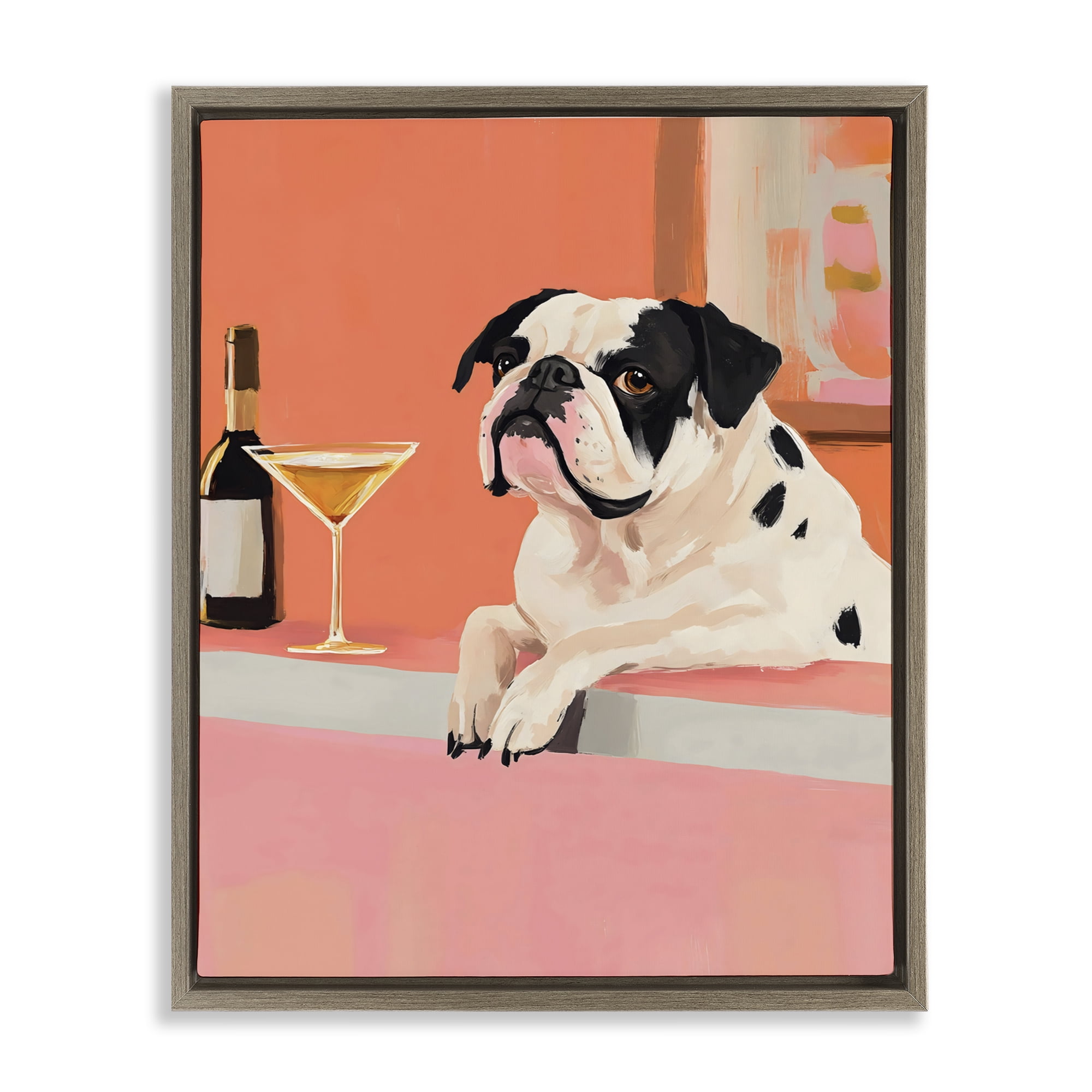 Stupell Industries Bulldog at Martini Lounge Brown Framed Floater Canvas Wall Art, design by The Prints Vibe