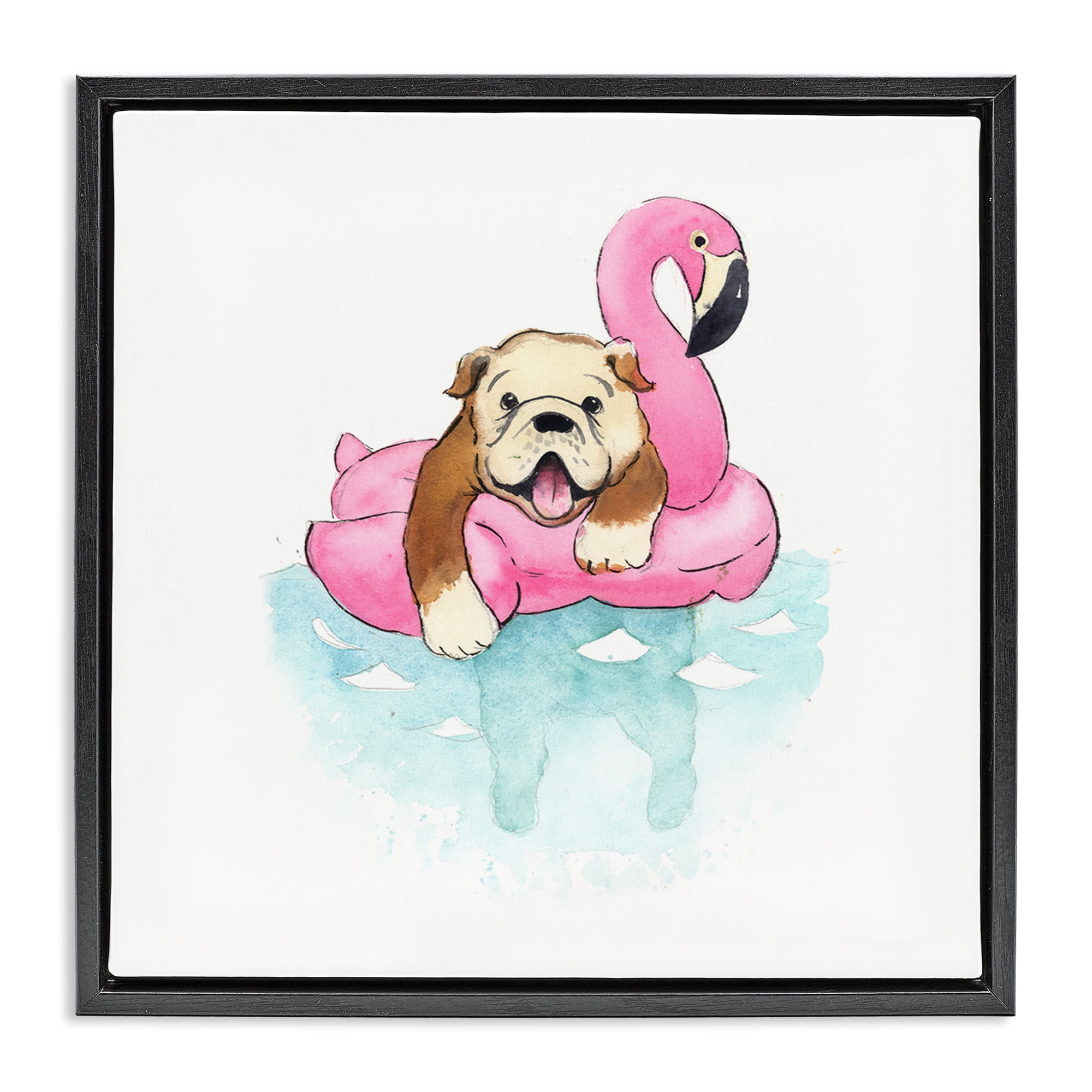 Stupell Industries Bulldog in Pool Float Animals Painting Black Floater Framed Canvas Art Print Wall Art, 25 x 25