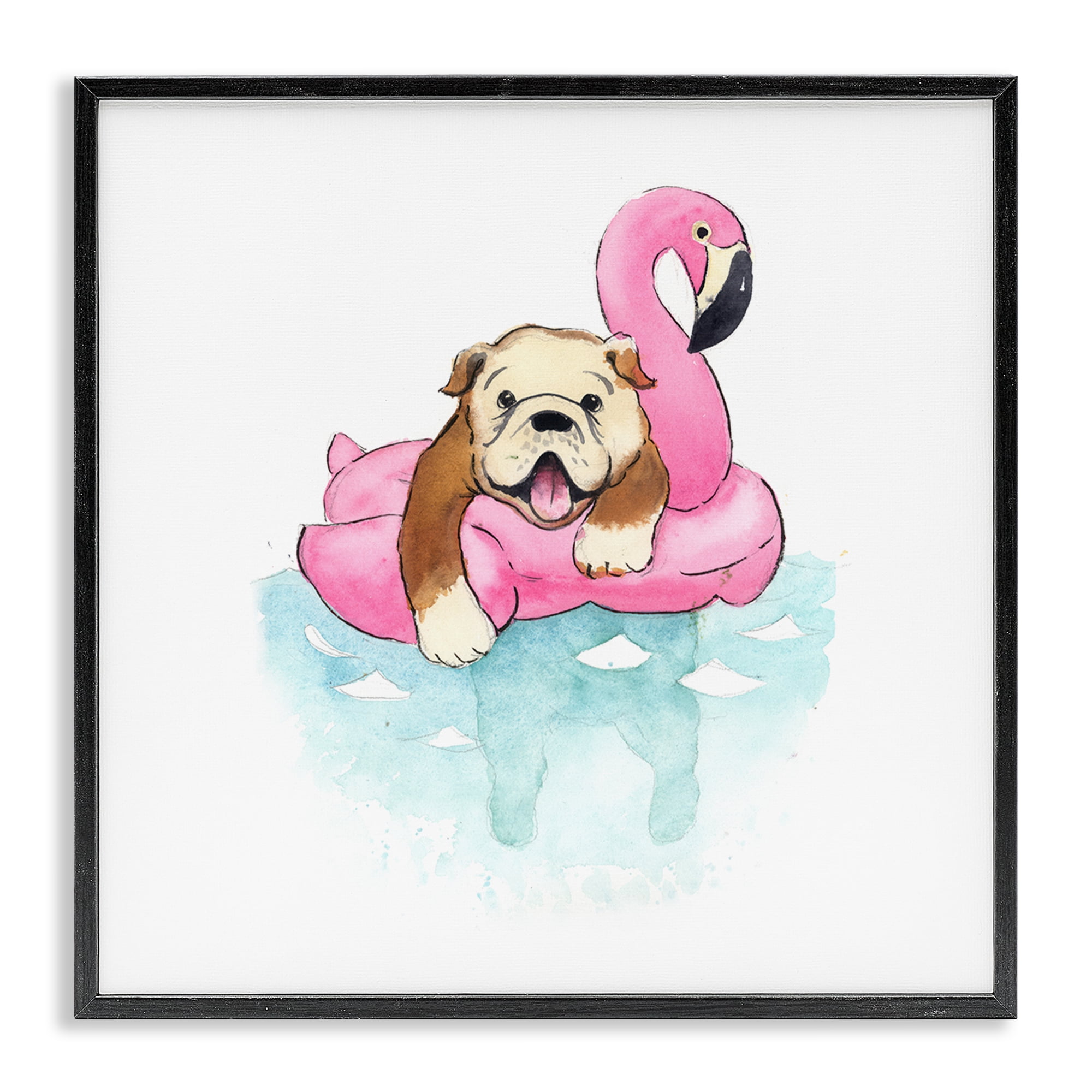 Stupell Industries Bulldog in Pool Float Animals Painting Black Framed Art Print Wall Art, 17 x 17