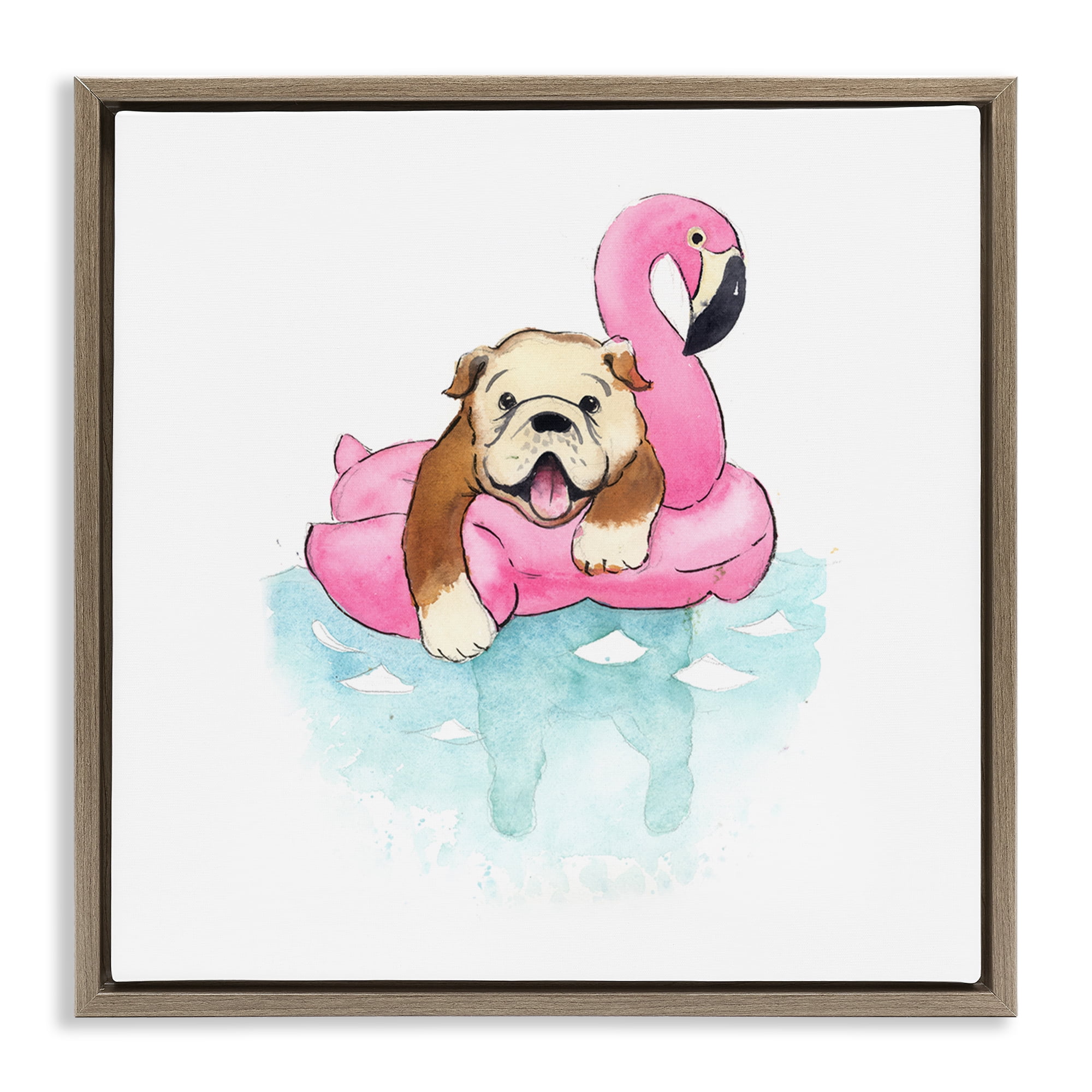 Stupell Industries Bulldog in Pool Float Animals Painting Brown Floater Framed Canvas Art Print Wall Art, 18 x 18