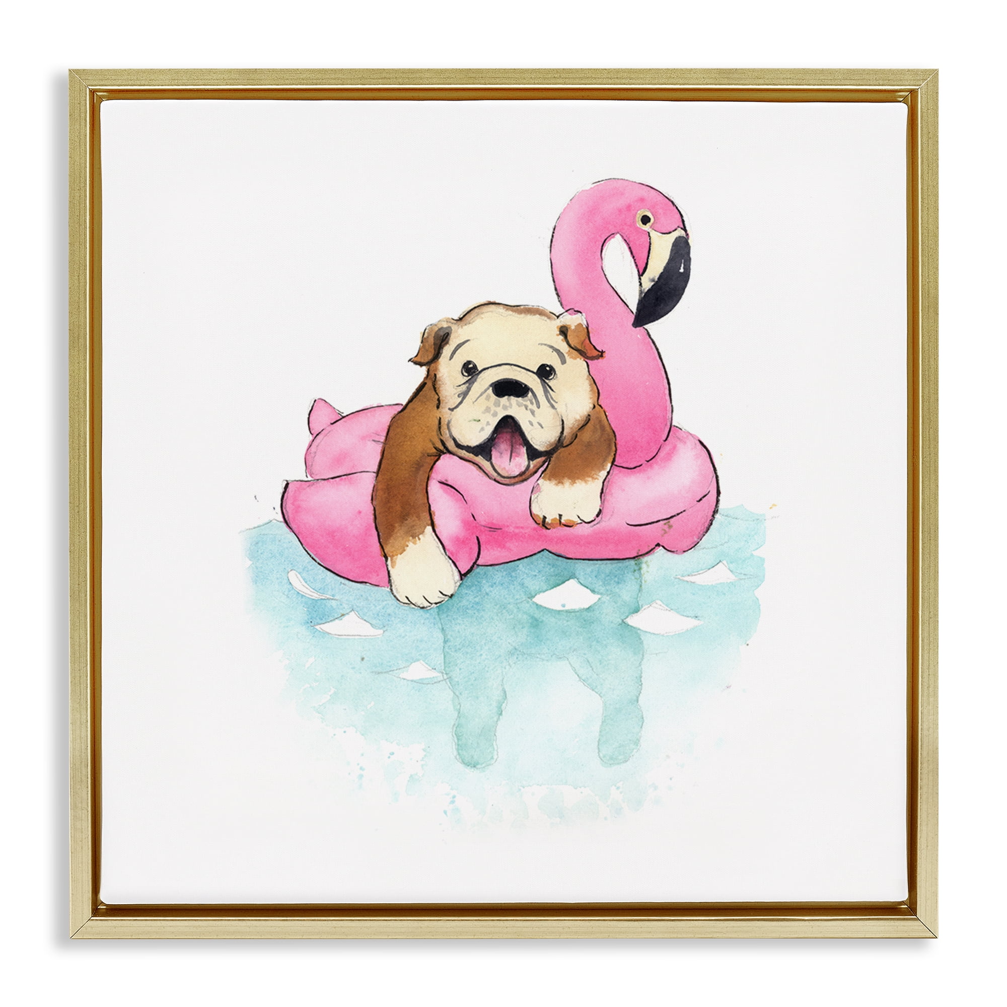 Stupell Industries Bulldog in Pool Float Animals Painting Gold Floater Framed Canvas Art Print Wall Art, 18 x 18