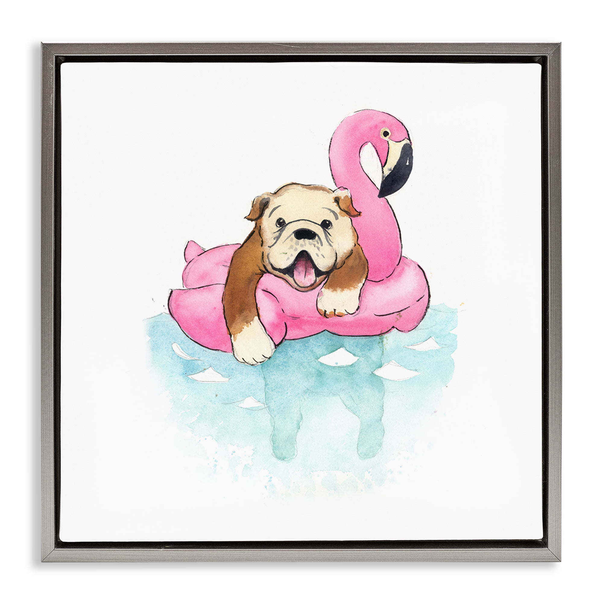 Stupell Industries Bulldog in Pool Float Animals Painting Gray Floater Framed Canvas Art Print Wall Art, 18 x 18