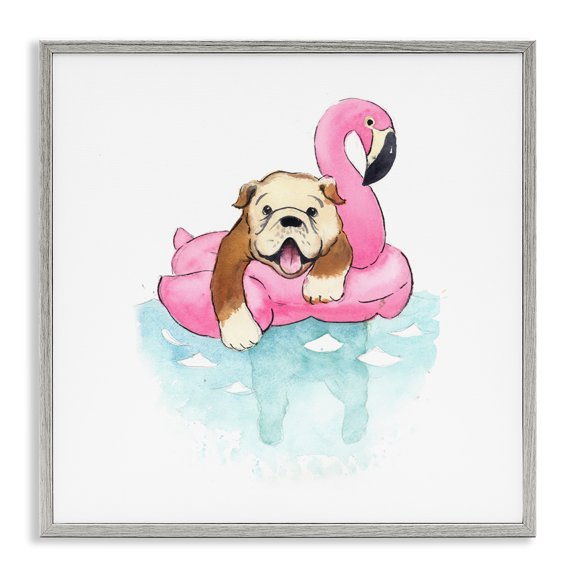 Stupell Industries Bulldog in Pool Float Animals Painting Gray Framed Art Print Wall Art, 12 x 12