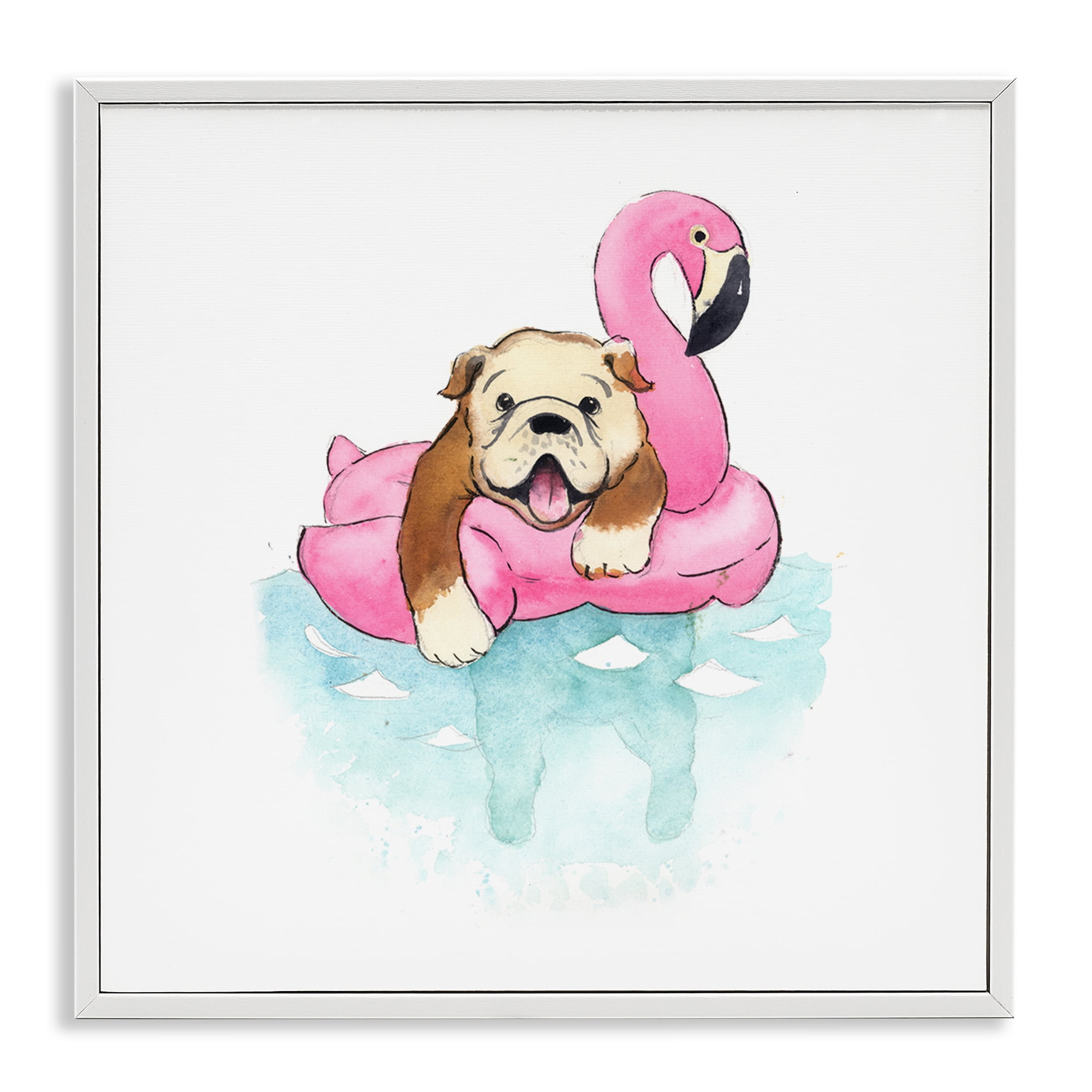 Stupell Industries Bulldog in Pool Float Animals Painting White Framed Art Print Wall Art, 17 x 17