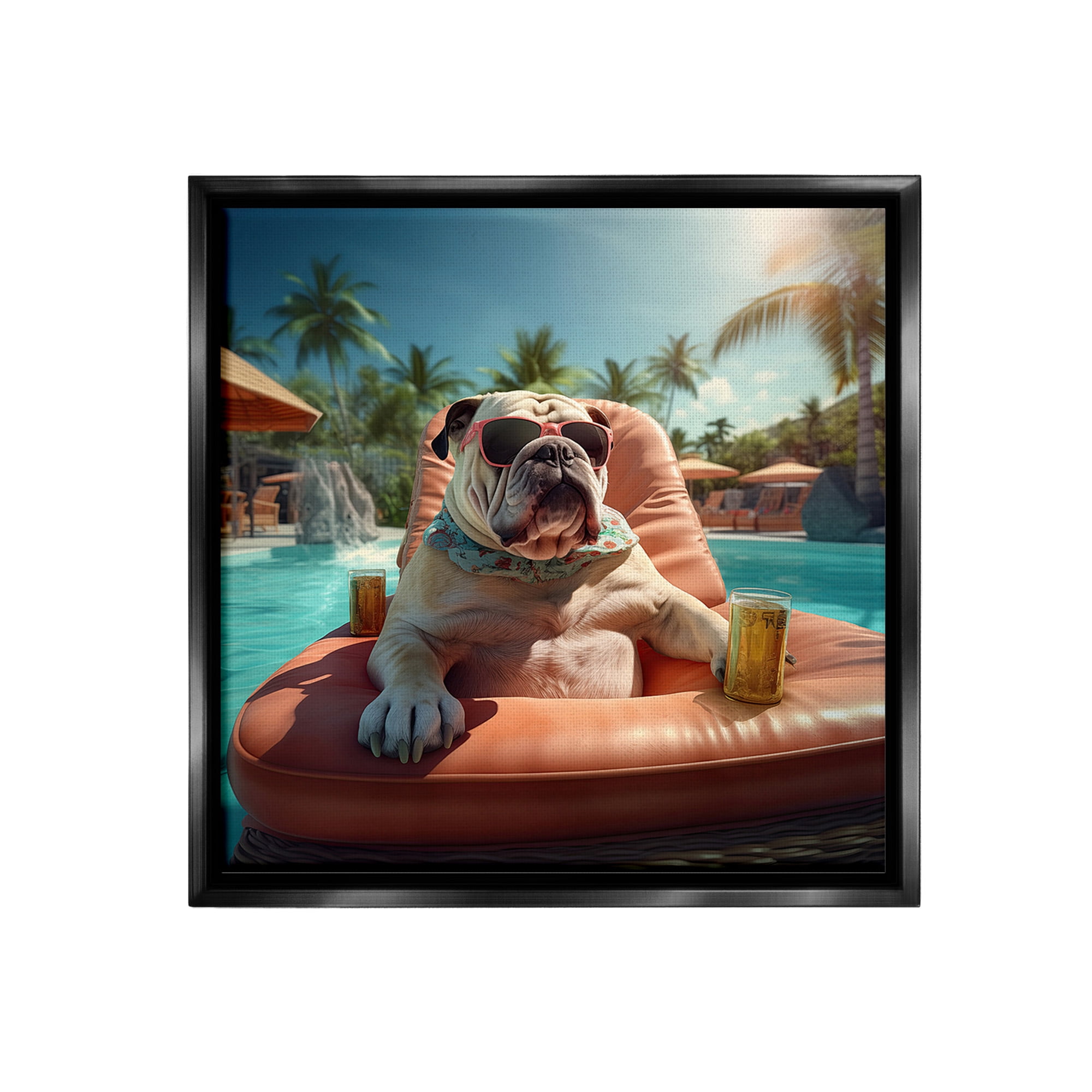 Stupell Industries Bulldog in Resort Pool Animals & Insects Painting Black Floater Framed Canvas Art Print Wall Art, 25 x 25