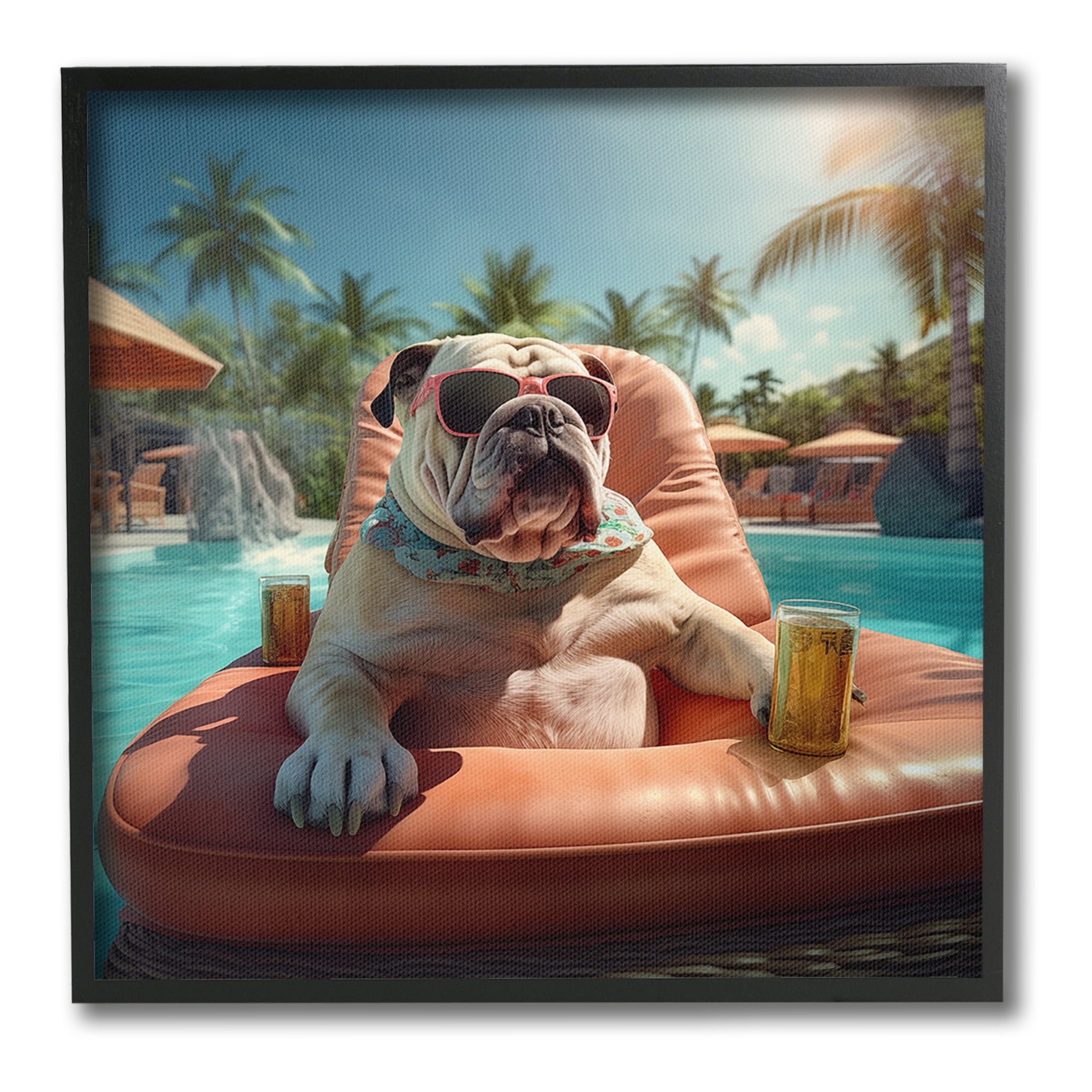 Stupell Industries Bulldog in Resort Pool Animals & Insects Painting Black Framed Art Print Wall Art, 24 x 24