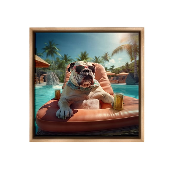 Stupell Industries Bulldog in Resort Pool Animals & Insects Painting Brown Floater Framed Canvas Art Print Wall Art, 18 x 18