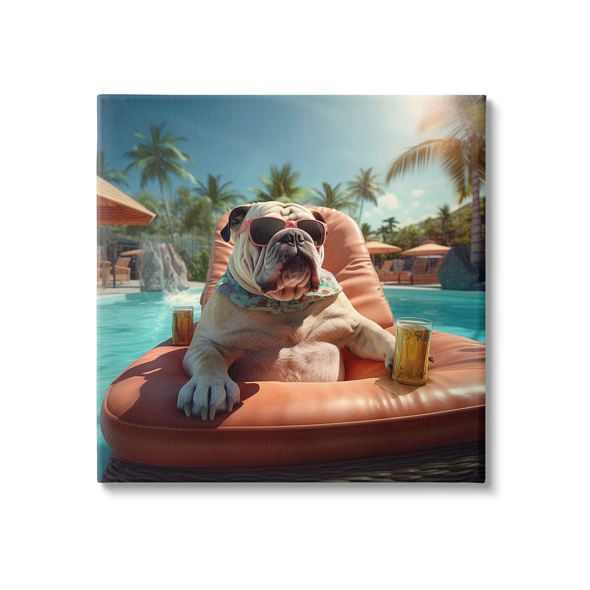 Stupell Industries Bulldog in Resort Pool Animals & Insects Painting Gallery Wrapped Canvas Art Print Wall Art, 36 x 36