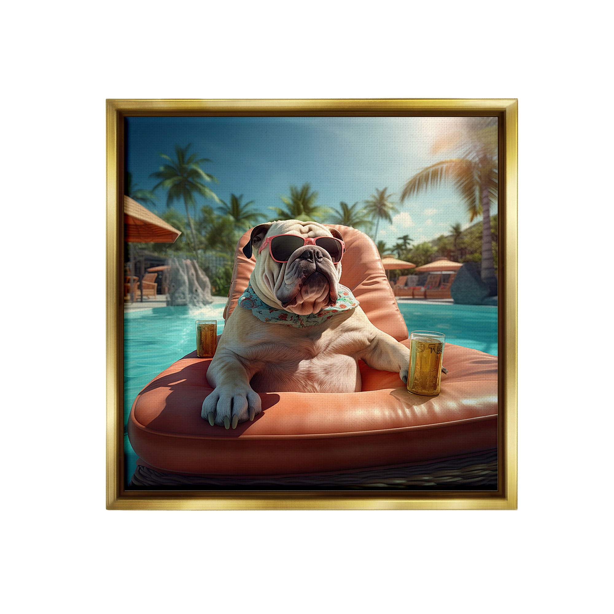 Stupell Industries Bulldog in Resort Pool Animals & Insects Painting Gold Floater Framed Canvas Art Print Wall Art, 18 x 18