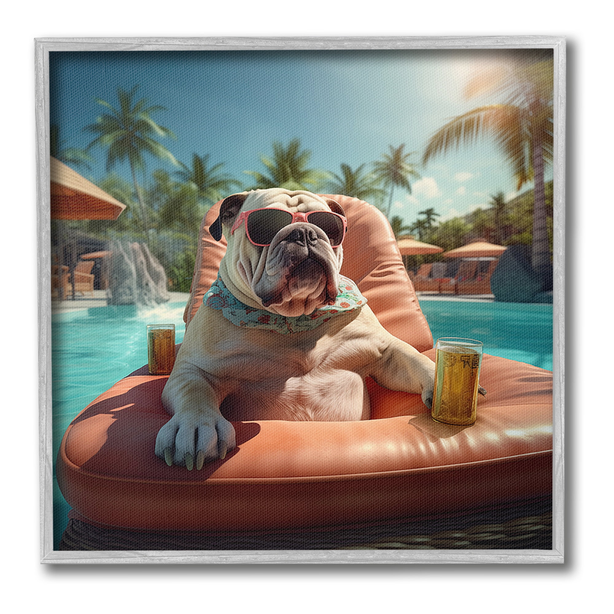 Stupell Industries Bulldog in Resort Pool Animals & Insects Painting Gray Framed Art Print Wall Art, 17 x 17