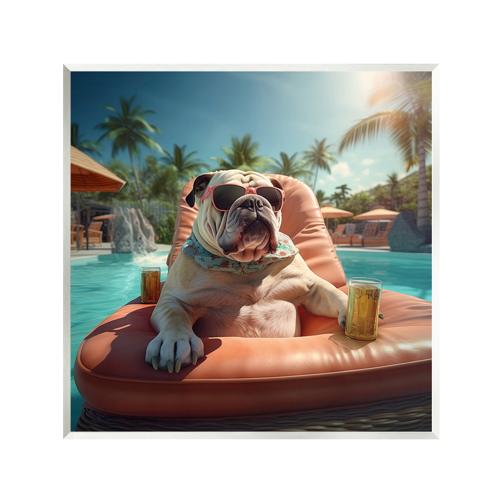 Stupell Industries Bulldog in Resort Pool Animals & Insects Painting Unframed Art Print Wall Art, 12 x 12