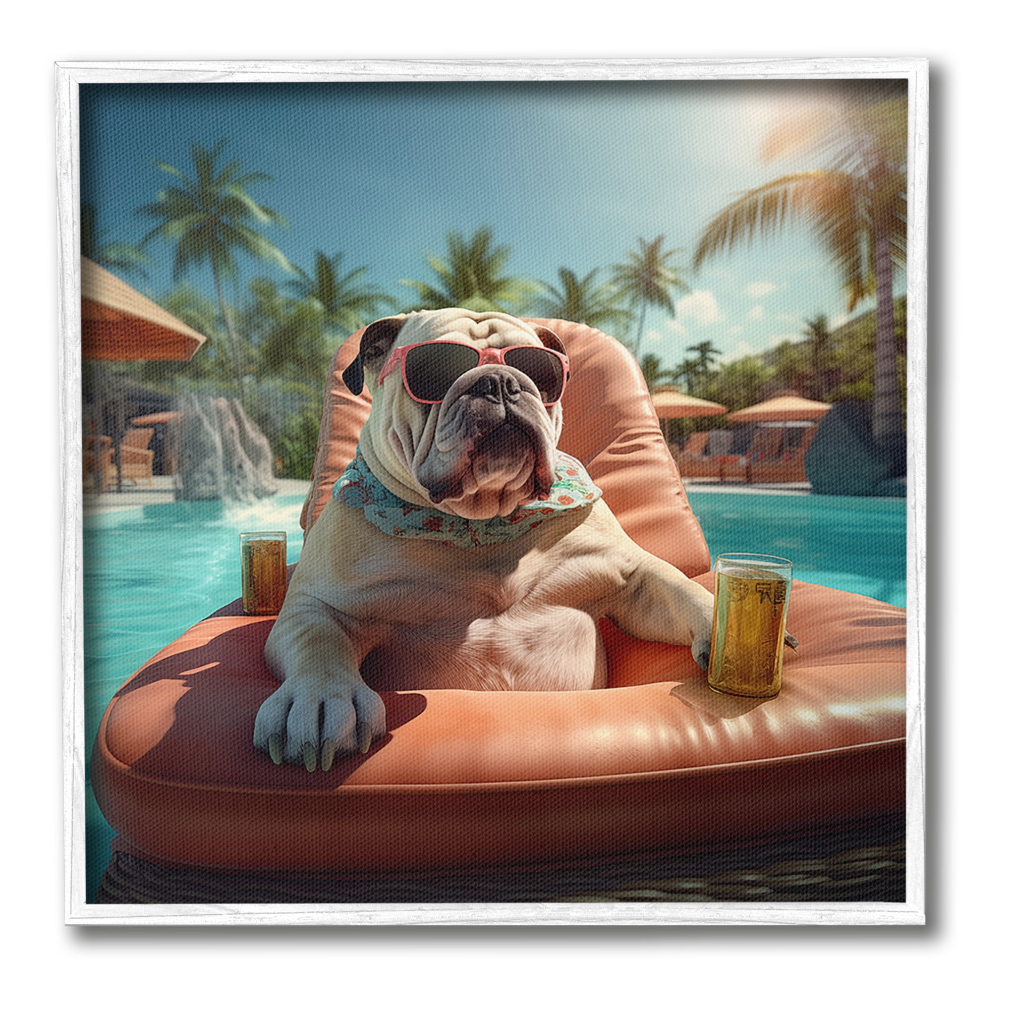 Stupell Industries Bulldog in Resort Pool Animals & Insects Painting White Framed Art Print Wall Art, 12 x 12