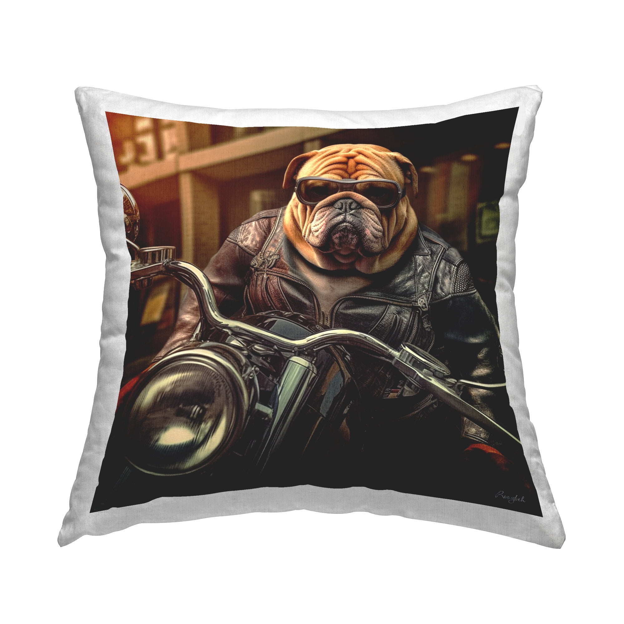 Stupell Industries Bulldog on Motorcycle Decorative Printed Throw Pillow, 18 x 18