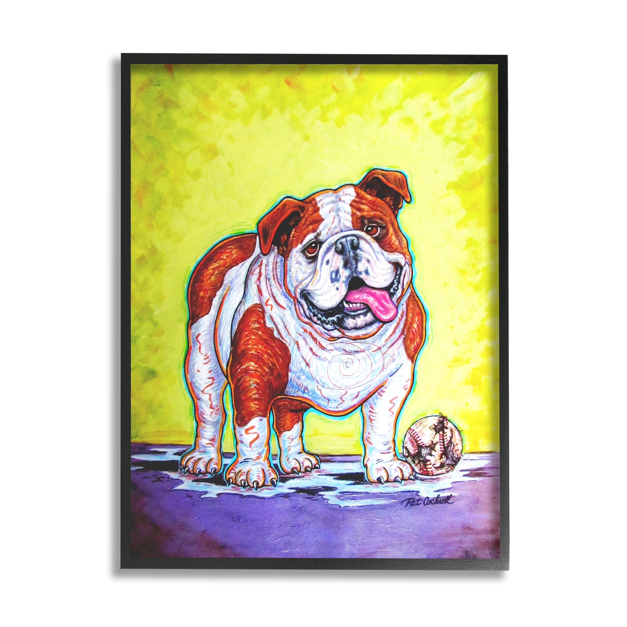 Stupell Industries Bulldog with Baseball Animals & Insects Painting Black Framed Art Print Wall Art, 24 x 30