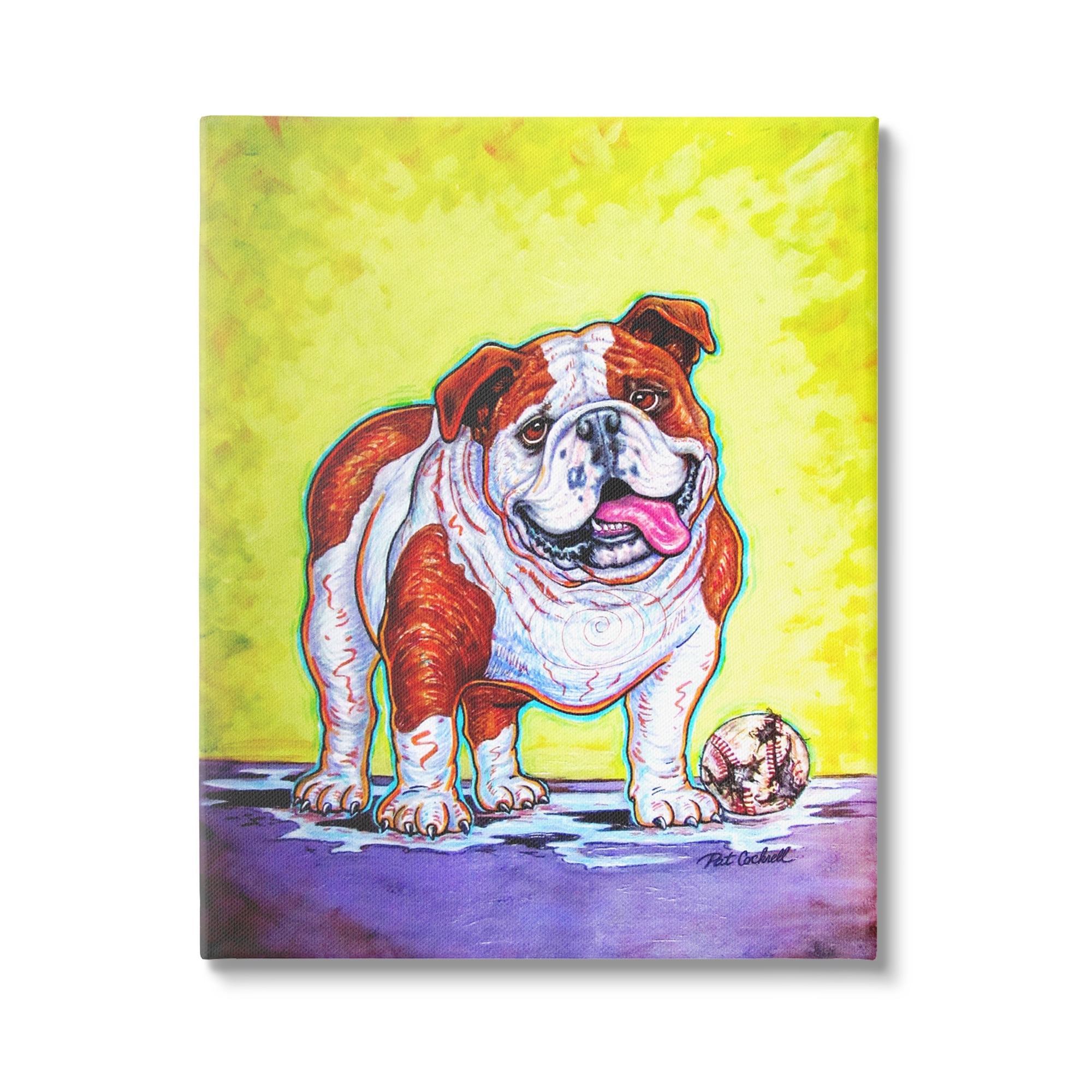 Stupell Industries Bulldog with Baseball Animals & Insects Painting Gallery Wrapped Canvas Print Wall Art, 36 x 48