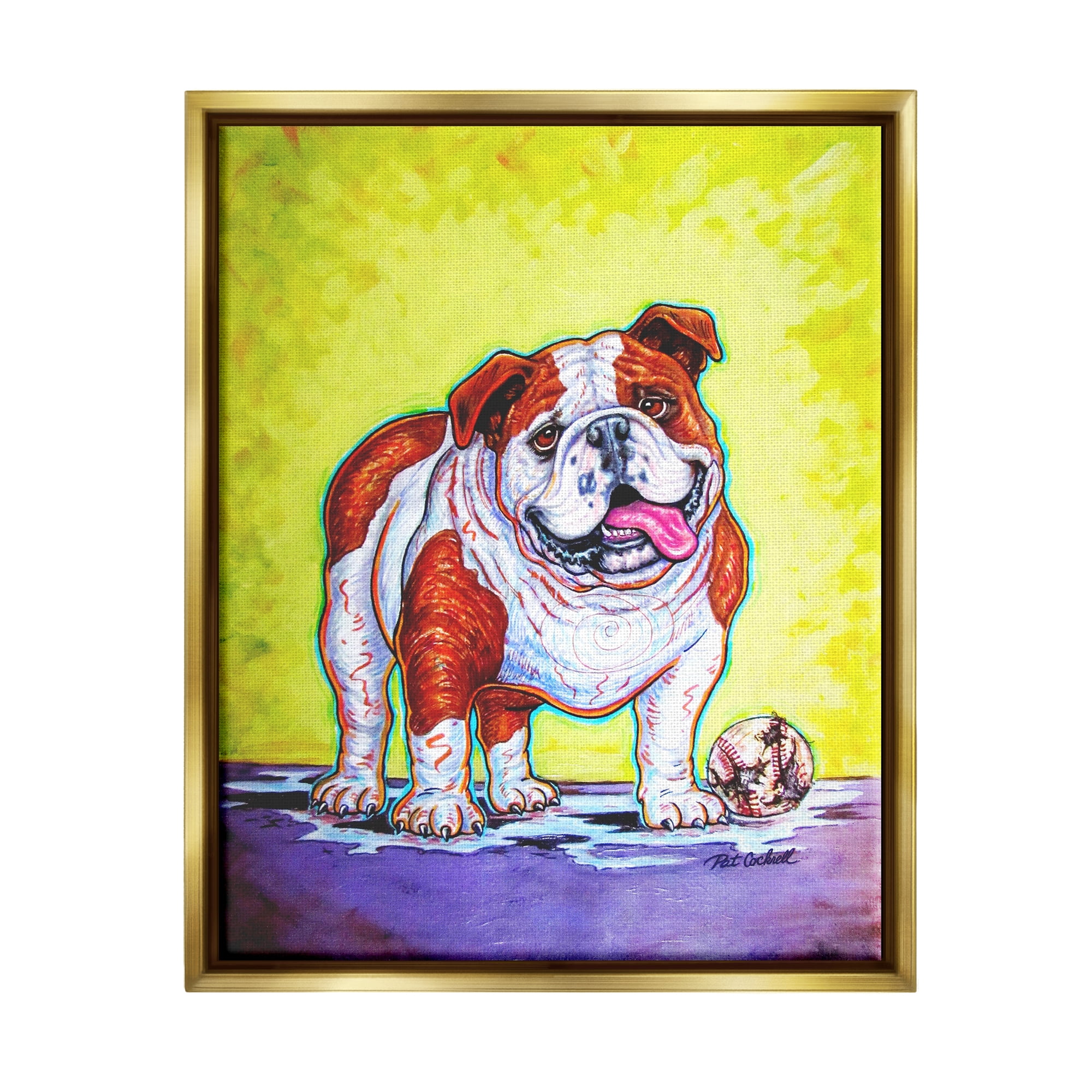 Stupell Industries Bulldog with Baseball Animals & Insects Painting Gold Floater Framed Art Print Wall Art, 25 x 31