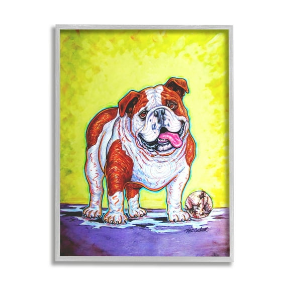Stupell Industries Bulldog with Baseball Animals & Insects Painting Gray Framed Art Print Wall Art, 11 x 14