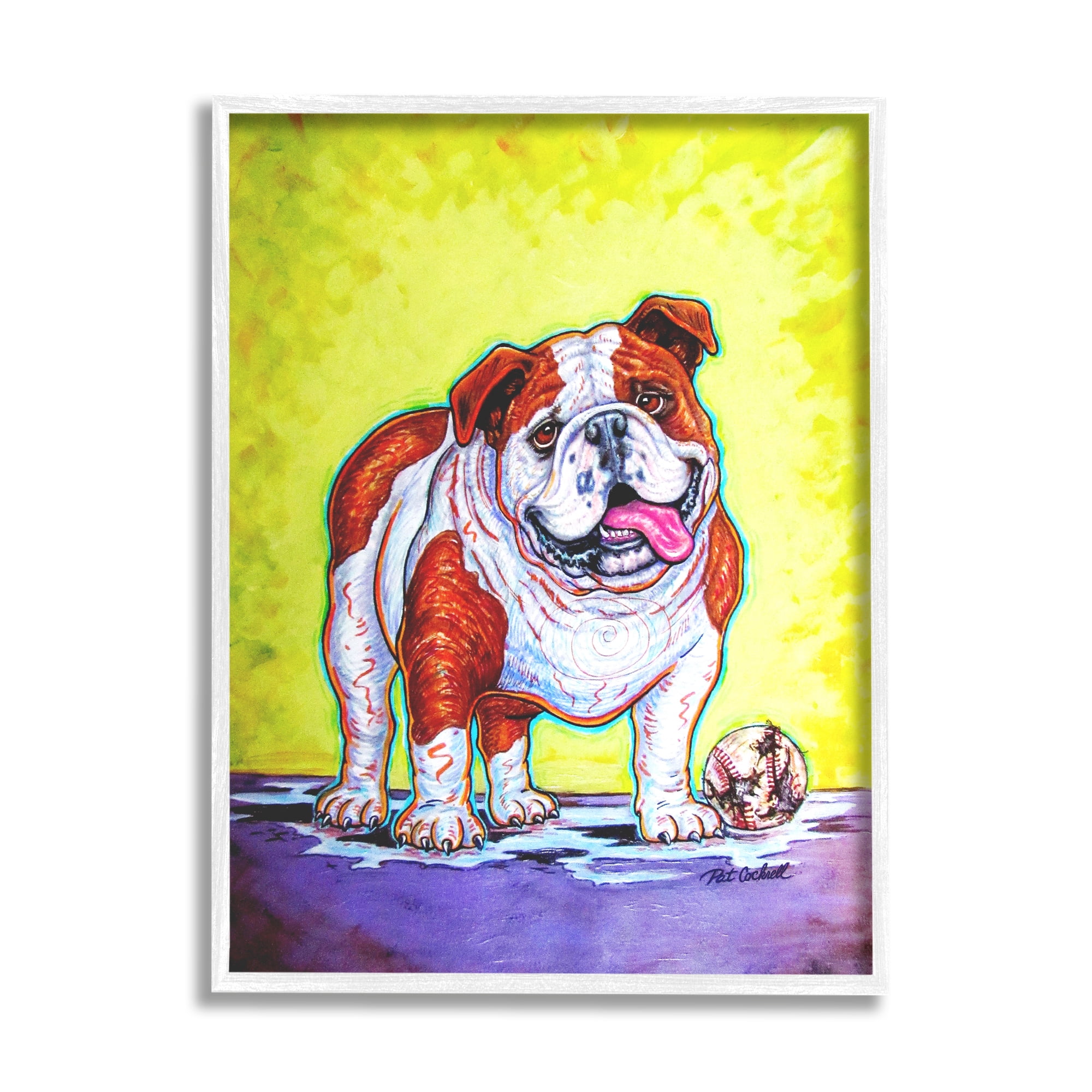 Stupell Industries Bulldog with Baseball Animals & Insects Painting White Framed Art Print Wall Art, 24 x 30