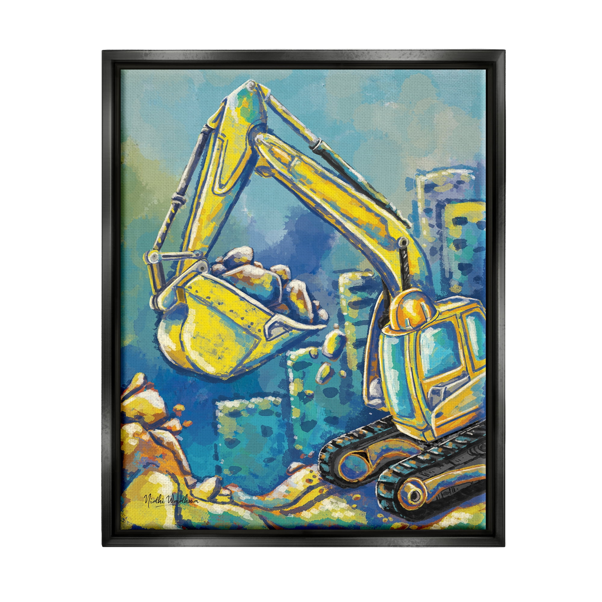Stupell Industries Bulldozer Construction Painting Transportation Painting Black Floater Framed Art Print Wall Art, 25 x 31