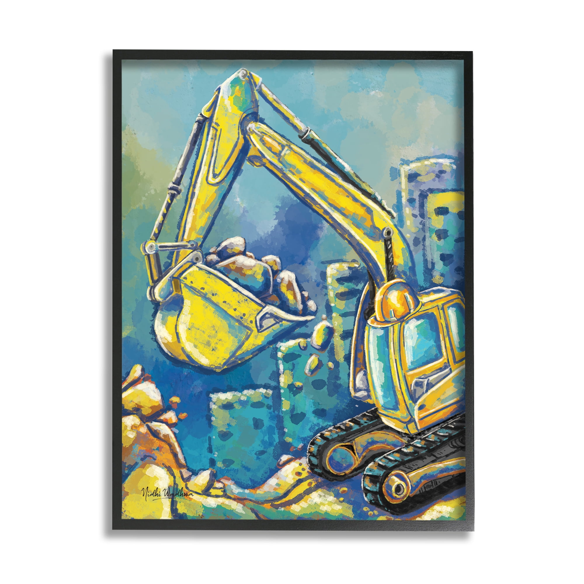 Stupell Industries Bulldozer Construction Painting Transportation Painting Black Framed Art Print Wall Art, 16 x 20