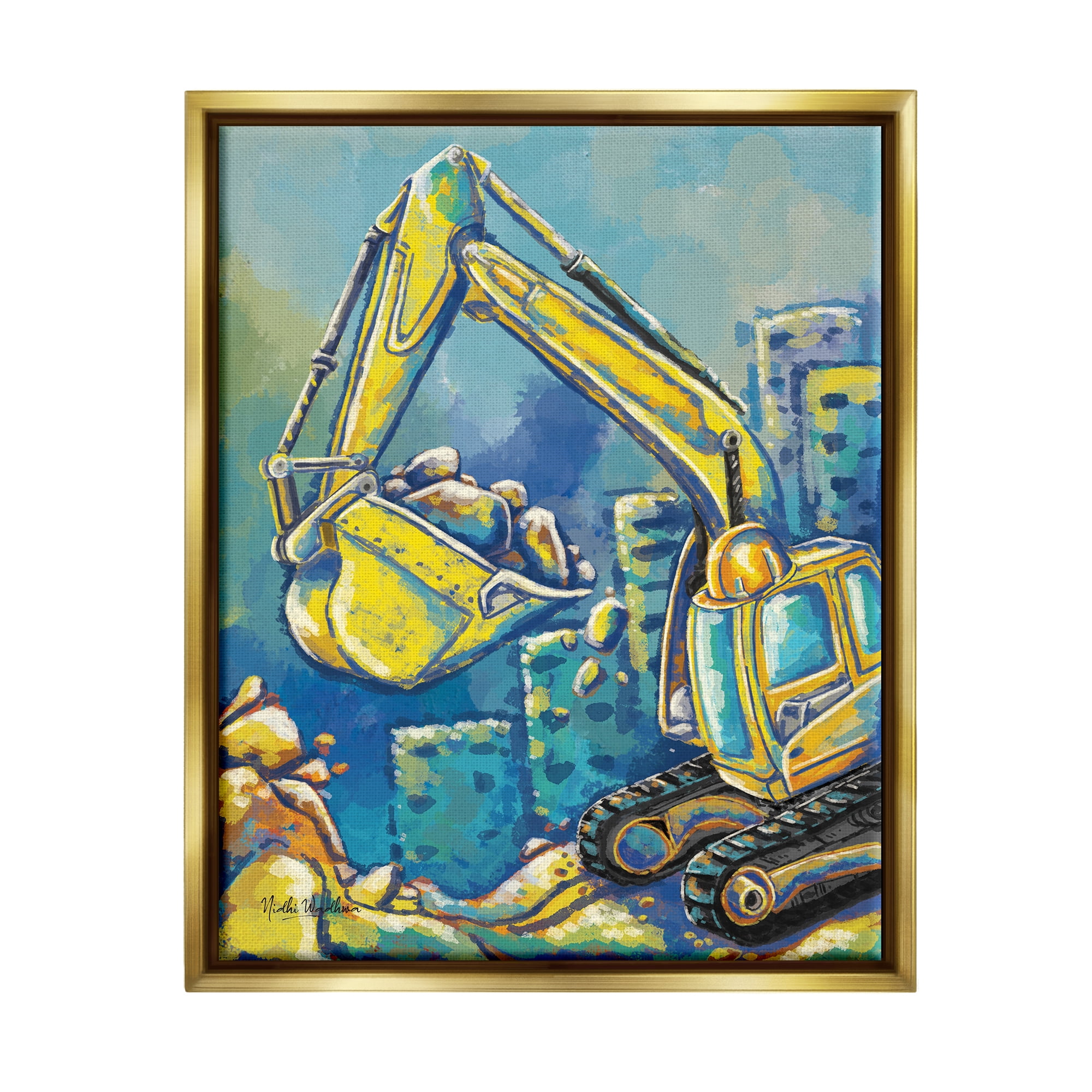 Stupell Industries Bulldozer Construction Painting Transportation Painting Gold Floater Framed Art Print Wall Art, 25 x 31