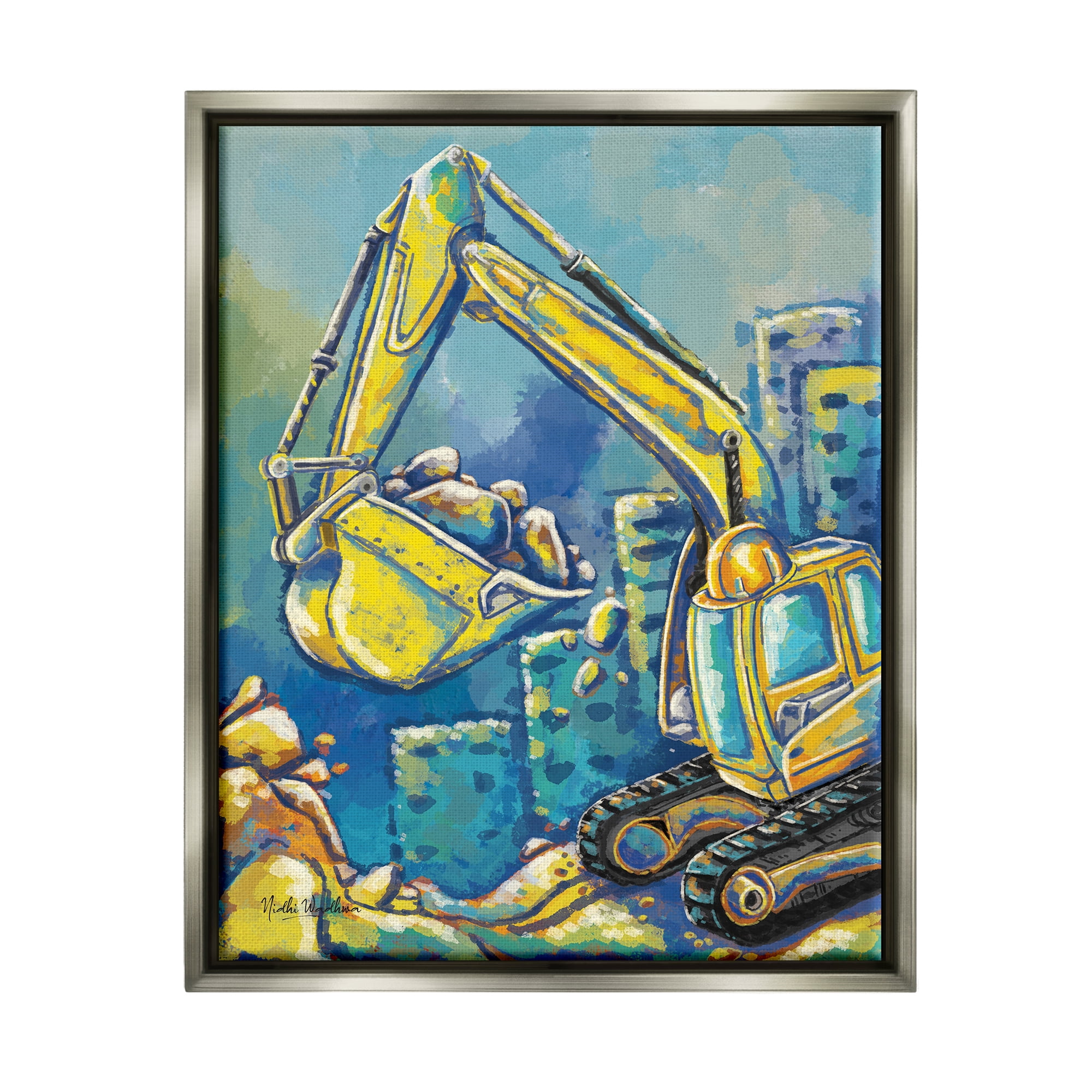 Stupell Industries Bulldozer Construction Painting Transportation Painting Gray Floater Framed Art Print Wall Art, 17 x 21
