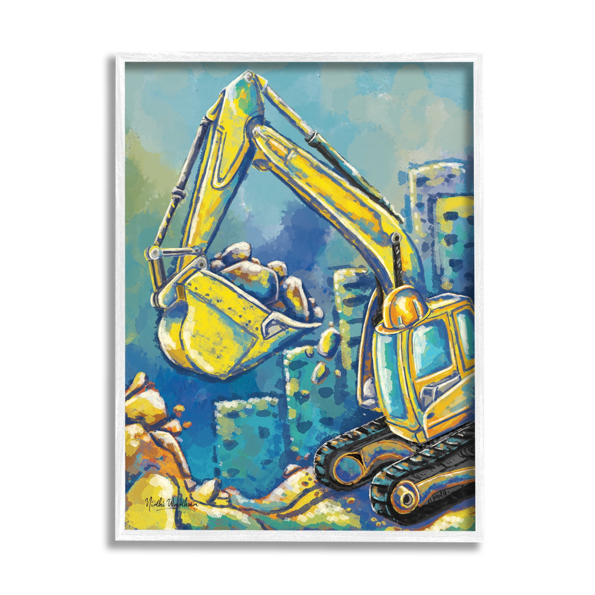 Stupell Industries Bulldozer Construction Painting Transportation Painting White Framed Art Print Wall Art, 16 x 20