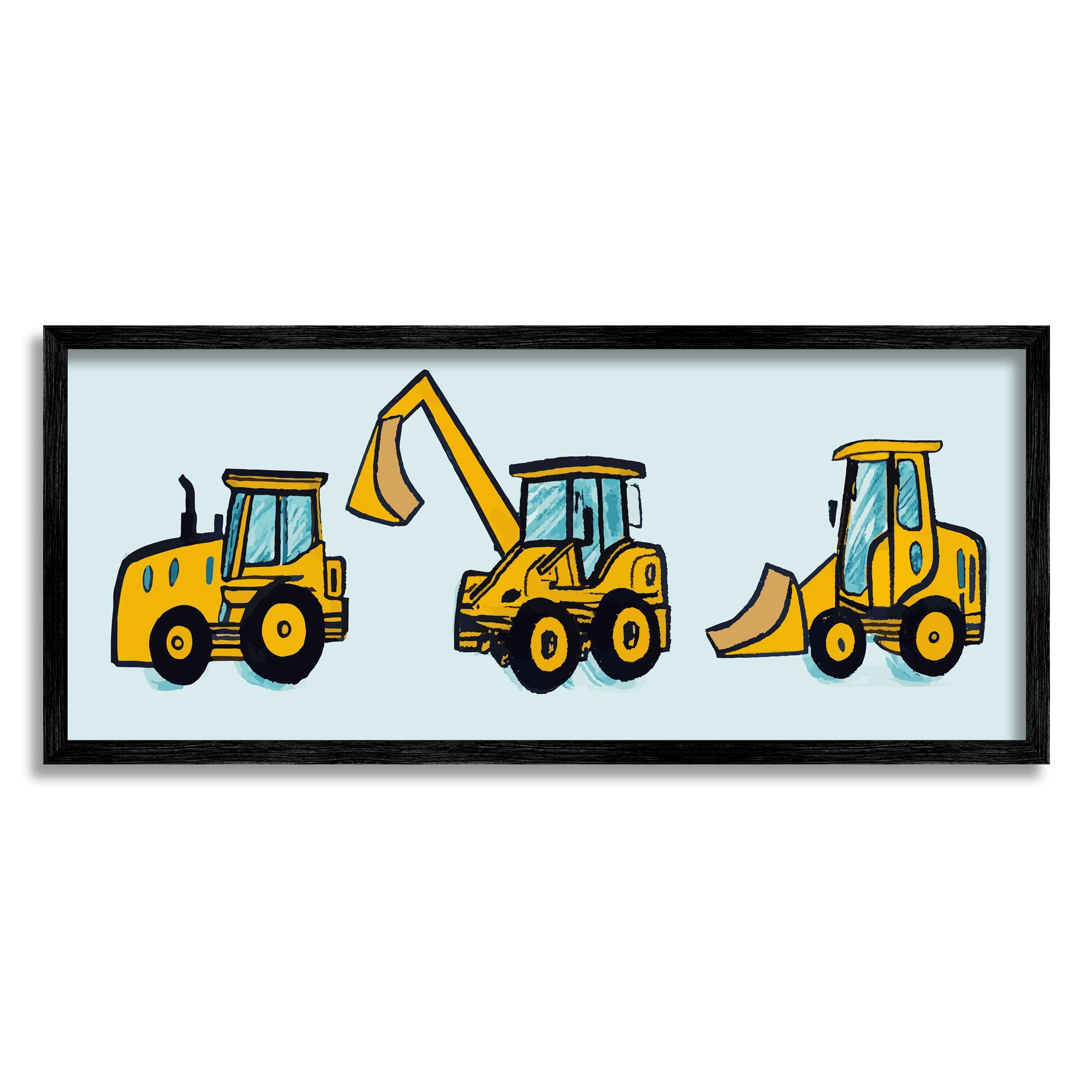 Stupell Industries Bulldozers on Blue Transportation Painting Black Framed Art Print Wall Art, 30 x 13