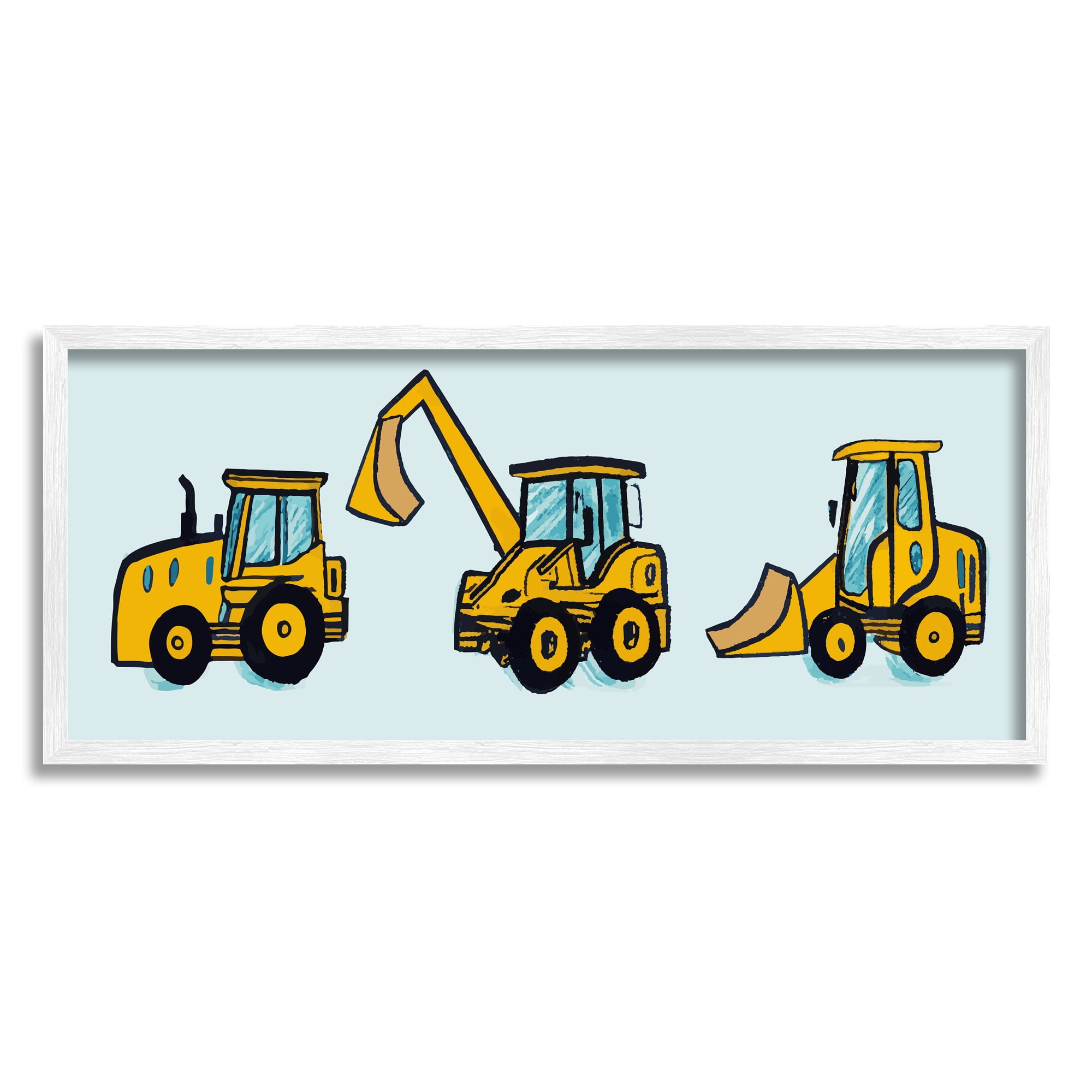 Stupell Industries Bulldozers on Blue Transportation Painting White Framed Art Print Wall Art, 30 x 13