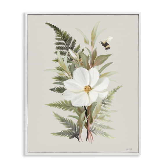 Stupell Industries Bumble Bee & Flower Floral Painting White Framed Art Print Wall Art, 24 x 30