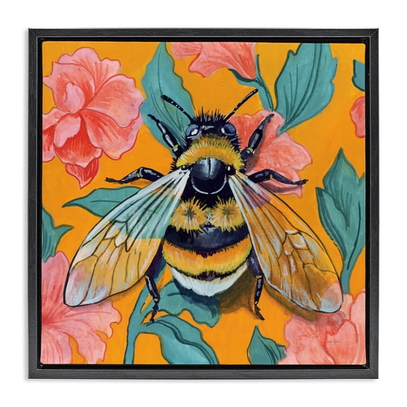 Stupell Industries Bumble Bee & Flower Pattern Black Framed Floater Canvas Wall Art, design by Kate Jarvik Birch