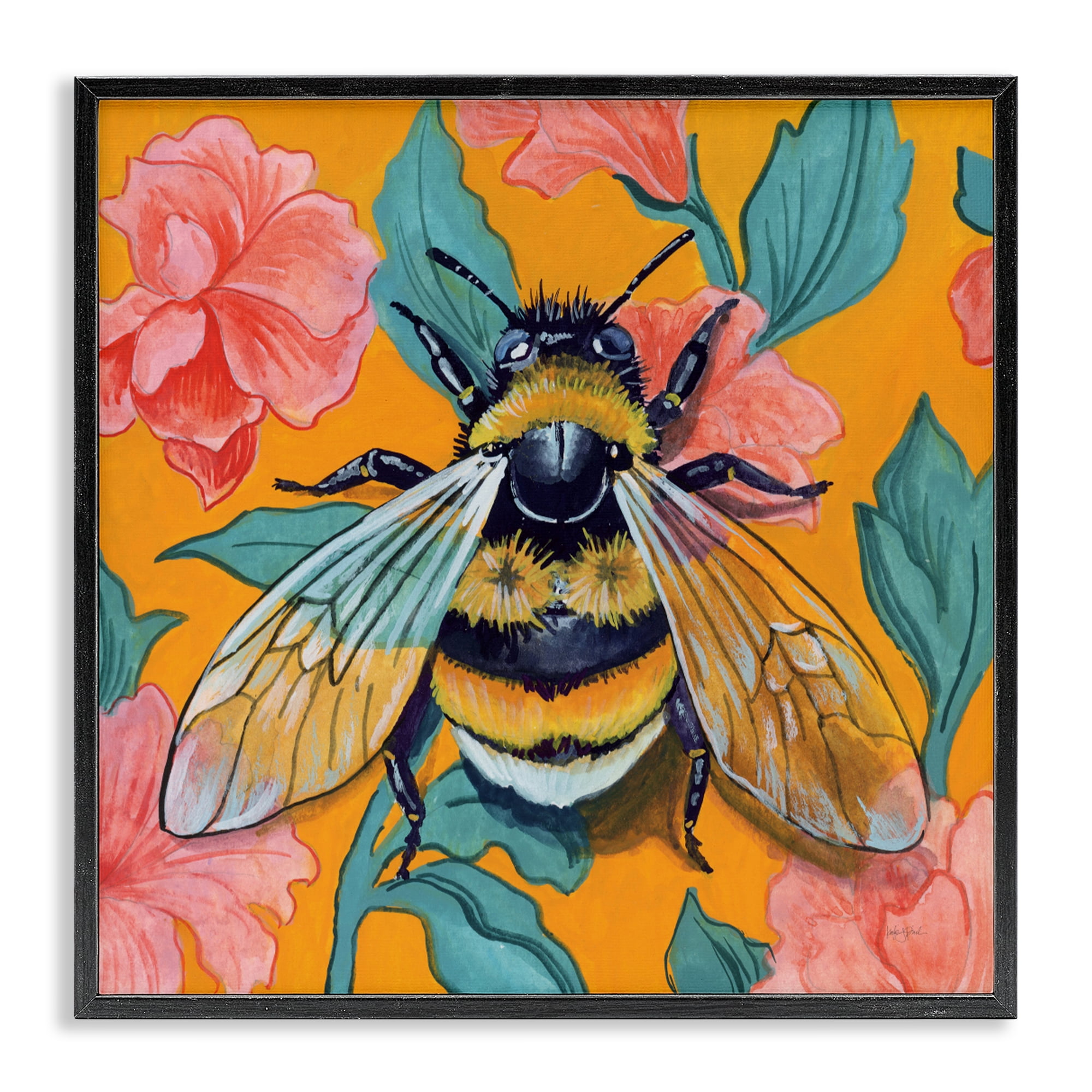 Stupell Industries Bumble Bee & Flower Pattern Black Framed Giclee Art, design by Kate Jarvik Birch
