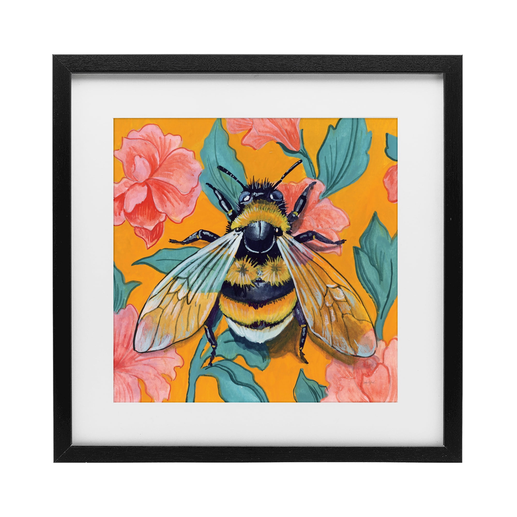 Stupell Industries Bumble Bee & Flower Pattern Black Framed Print Under Glass, design by Kate Jarvik Birch