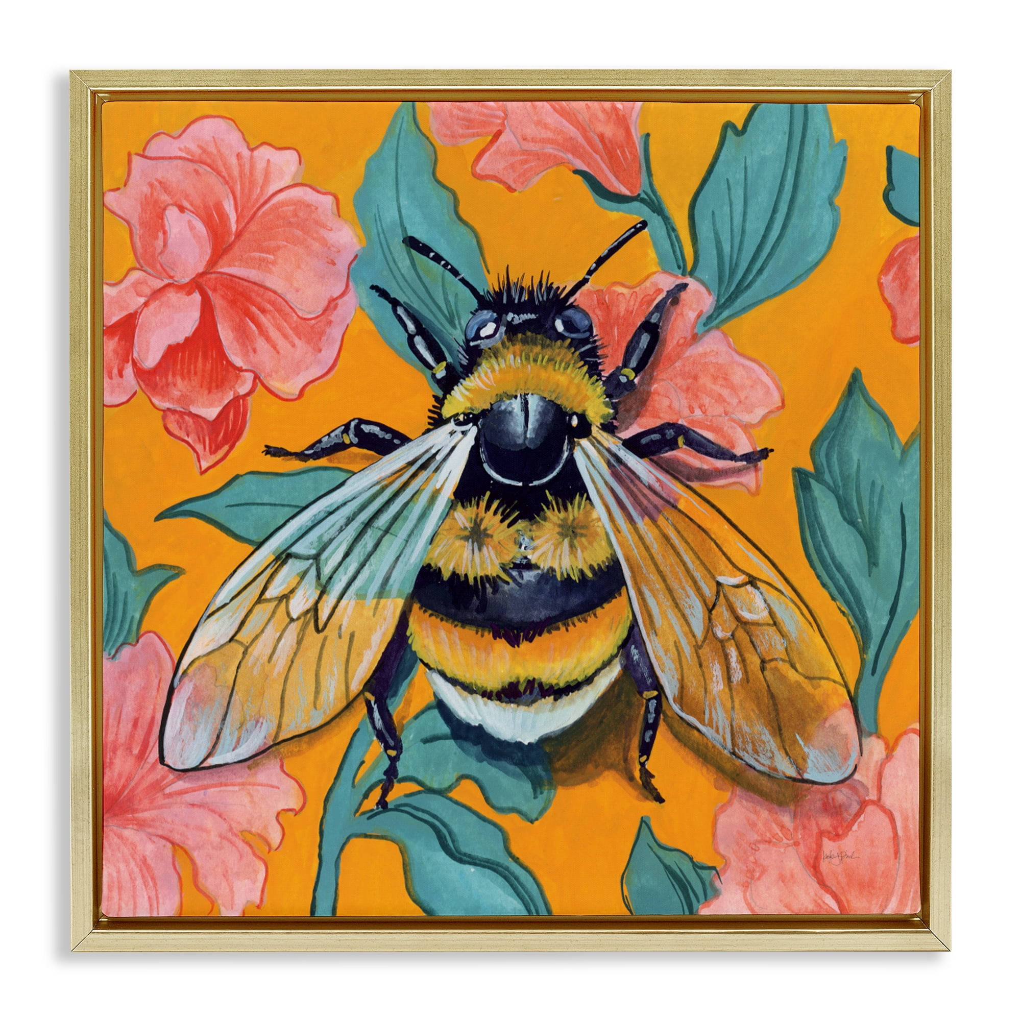 Stupell Industries Bumble Bee & Flower Pattern Gold Framed Floater Canvas Wall Art, design by Kate Jarvik Birch