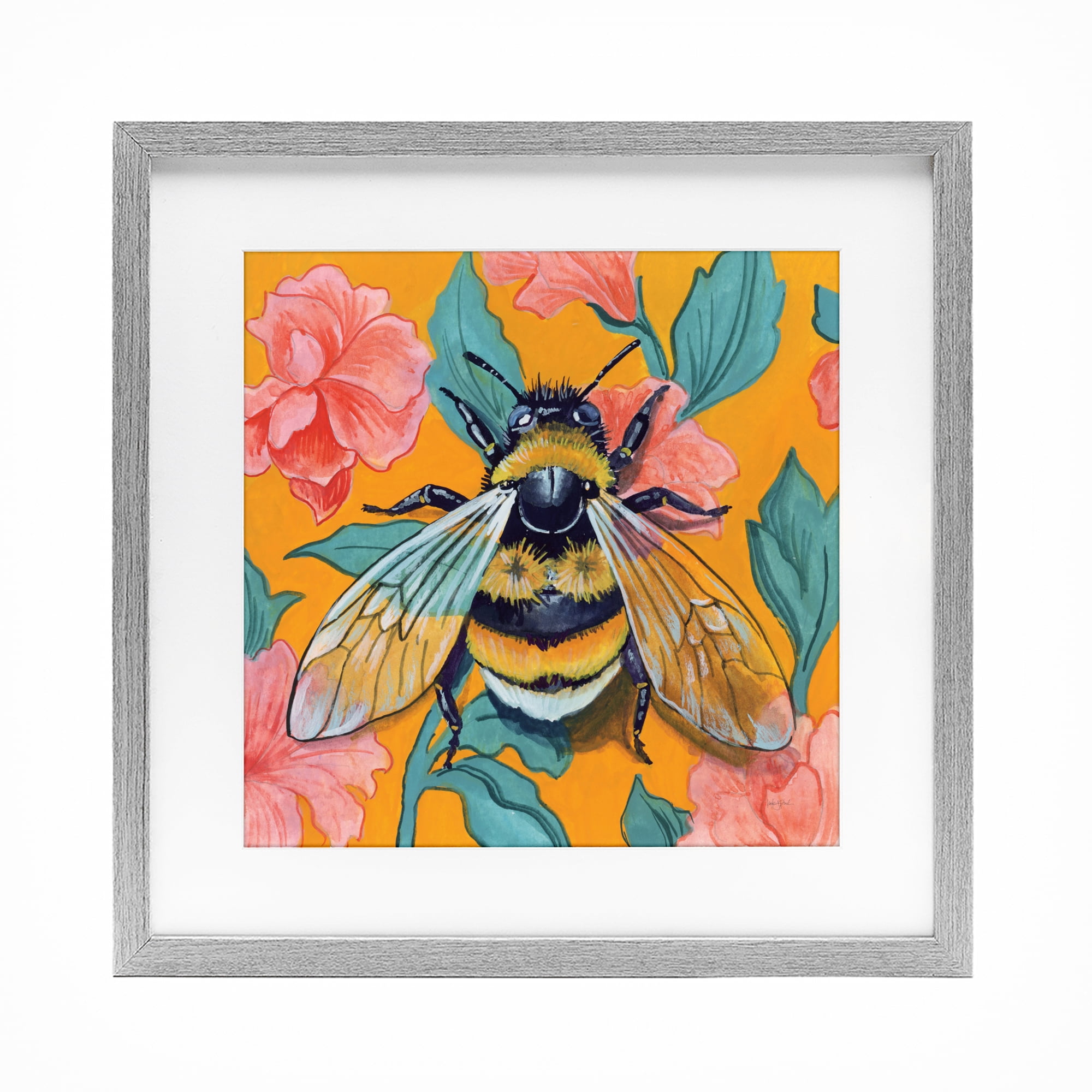 Stupell Industries Bumble Bee & Flower Pattern Gray Framed Print Under Glass, design by Kate Jarvik Birch