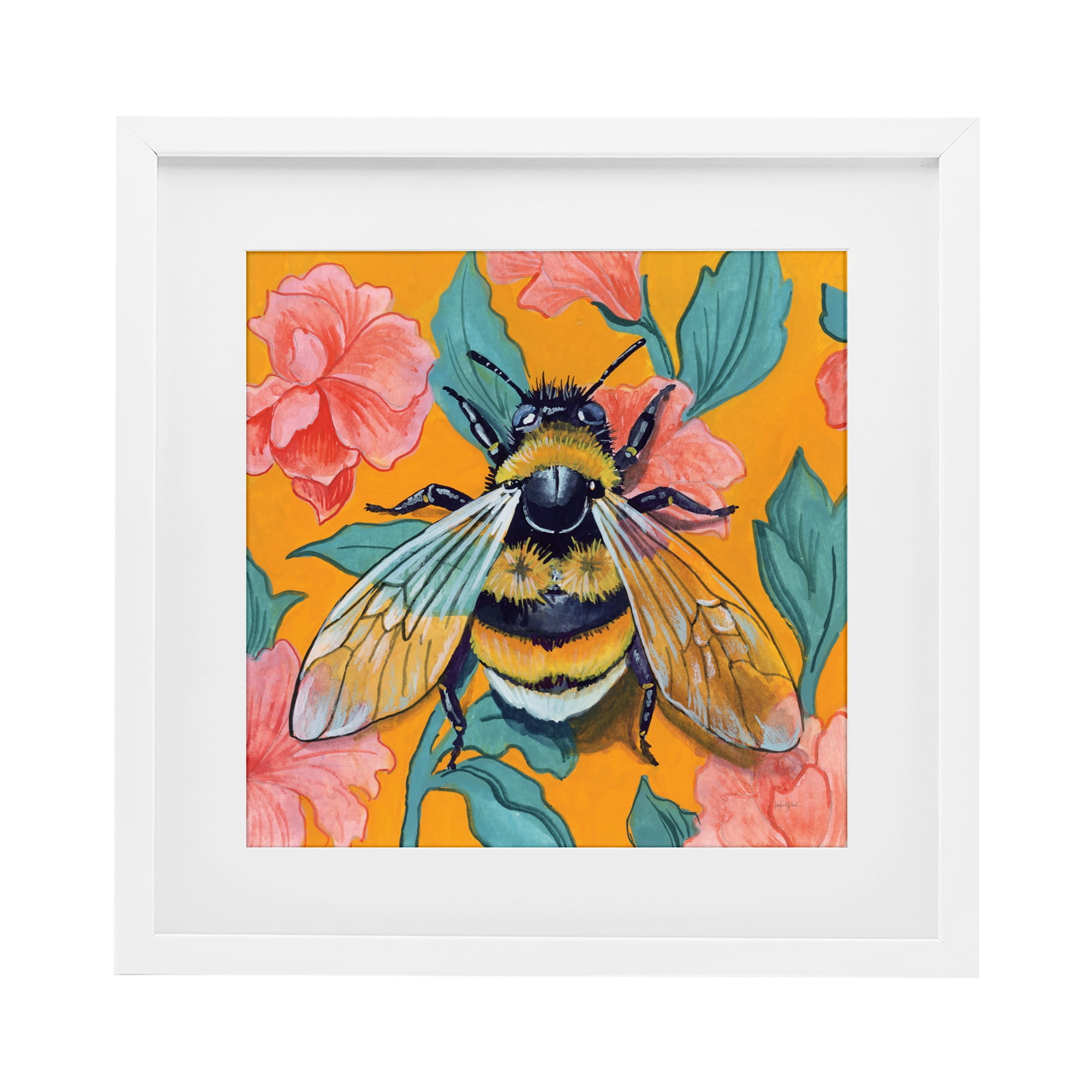 Stupell Industries Bumble Bee & Flower Pattern White Framed Print Under Glass, design by Kate Jarvik Birch