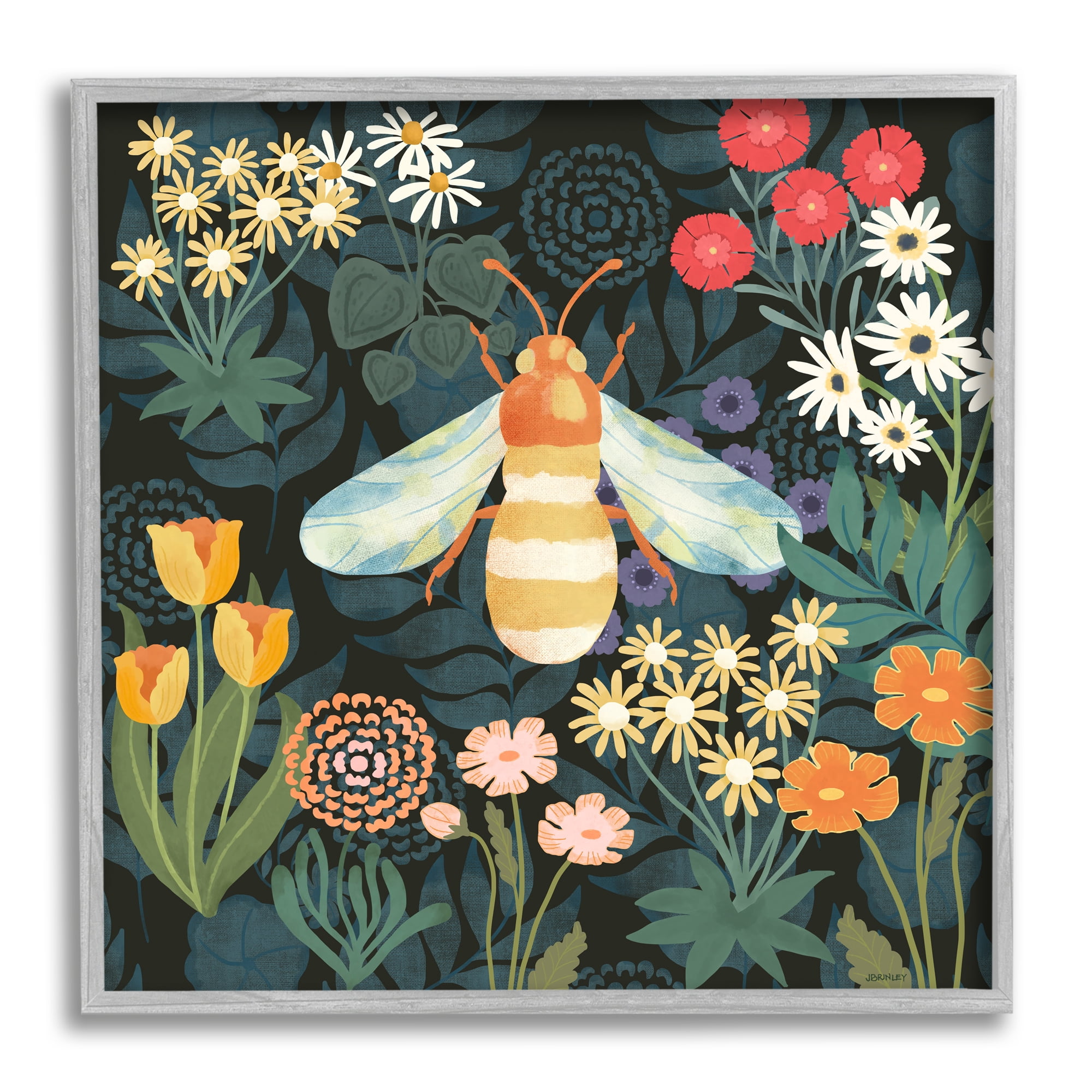Stupell Industries Bumble Bee Garden Pattern Botanical & Floral Painting Gray Framed Art Print Wall Art, 17 x 17